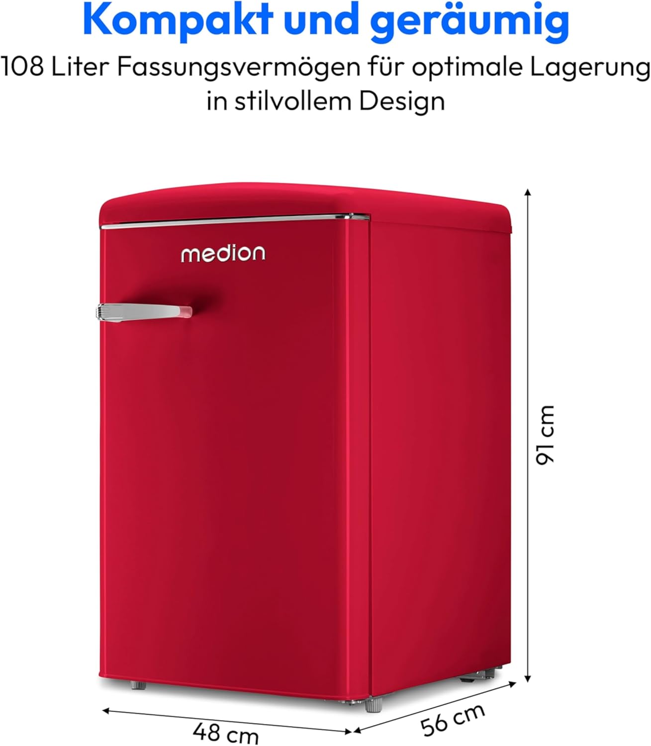 MEDION Retro Kühl-Gefrierkombination (95L Kühlschrank, 13L 4 Sterne Gefrierfach, 108 Liter Nutzinhalt, LED Innenbeleuchtung, Stufenlose Temperaturregelung, MD 37790) rot – Bild 16