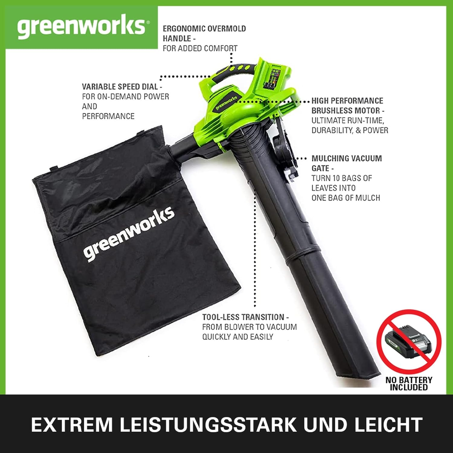 Greenworks 48V(2x24V) Akku Laubsauger / Laubblser mit Schultergurt, bürstenloser Motor, 322 km/h, 9 m/min, 45L Fangsack, zwei 4Ah Batterien & Ladegert, 3 Jahre Garantie GD24X2BVK4X – Bild 8