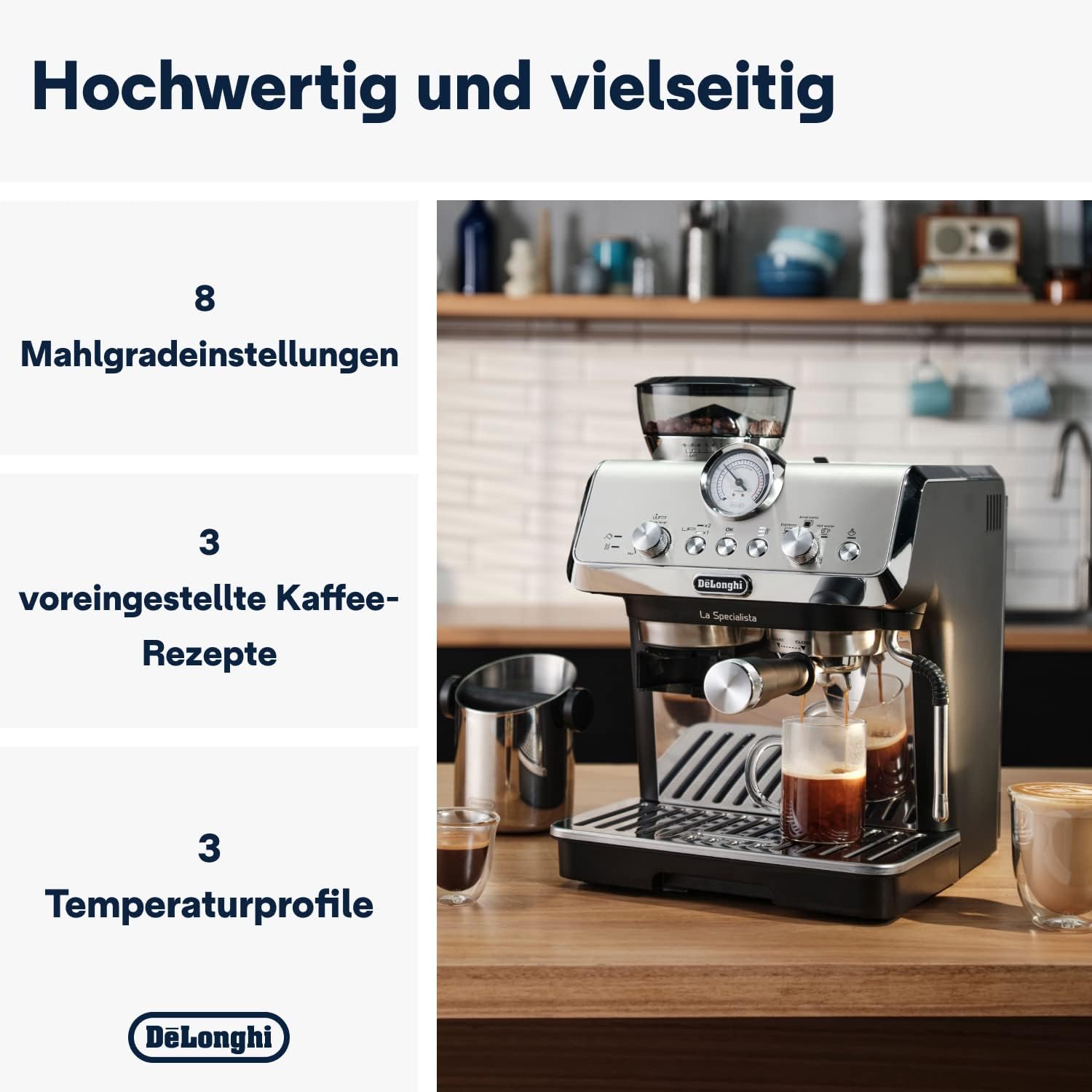 De'Longhi La Specialista Arte EC9155.MB Siebtrgermaschine, Espressomaschine mit Mahlwerk, 8 Mahlgrade, 15 Bar, 3 Temperaturen, Milchschaumdüse, 1300 W, 1,5 l Tank, Edelstahl/Schwarz inkl. Barista-Kit – Bild 5