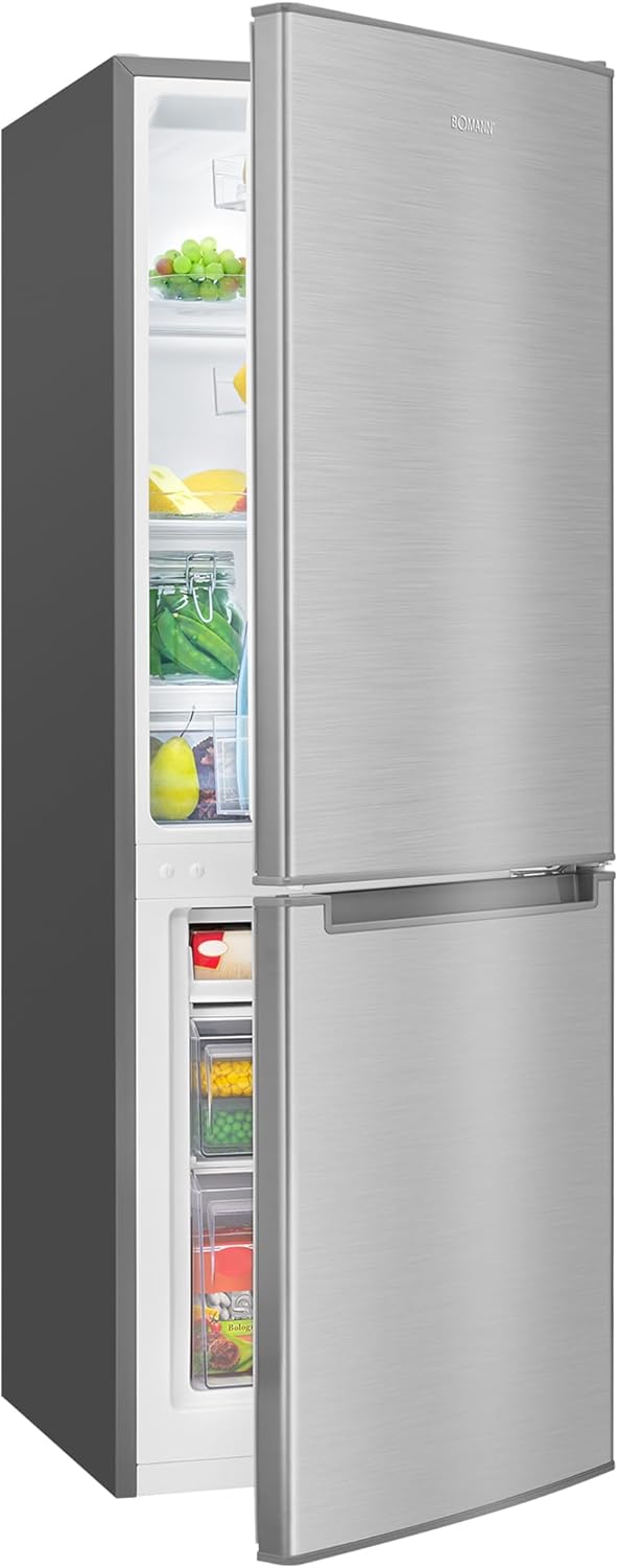 Bomann Kühlschrank mit Gefrierfach 143cm hoch | Kühl Gefrierkombination 173L mit 3 Ablagen & 3 Schubladen | Türanschlag wechselbar | leise Kühlgefrierkombi 40db | Kühlschrank KG 7359 inox – Bild 3