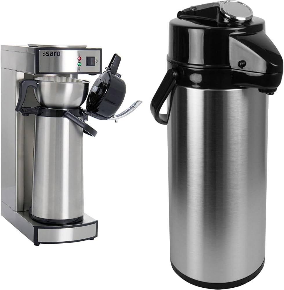 Saro Thermo Kaffeemaschine mit Korbfilter und Thermoskanne Industriekaffeemaschine mit Pumpkanne (2,2 Liter, ca. 10 Tassen Kaffee, Brüh- & Warmhaltefunktion), silber – Bild 11