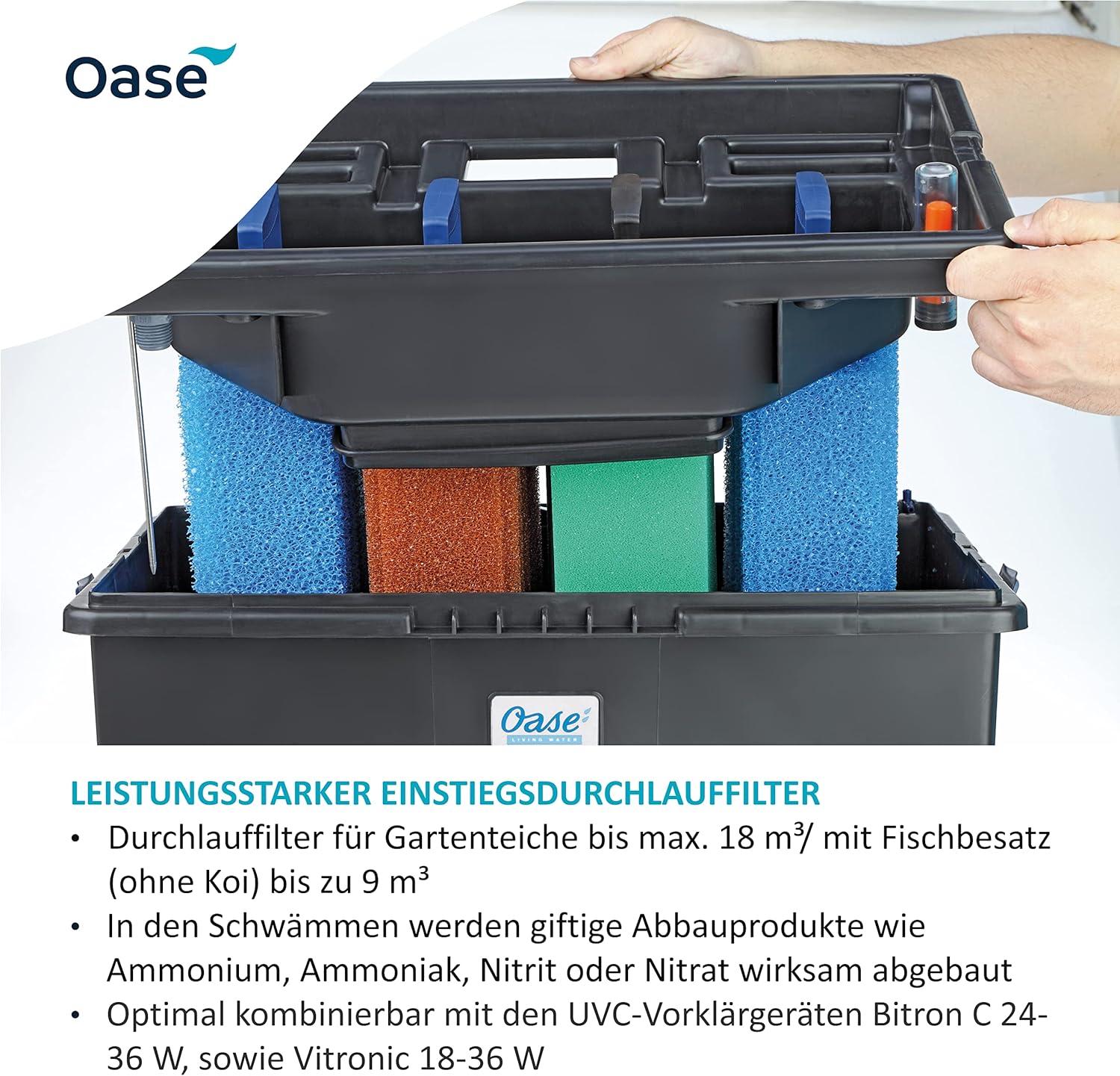 OASE 57377 Durchlauffilter BioSmart UVC 16000 geeignet für Teiche bis 16 m³, Filtersystem, Filterset inkl Filtermaterial und UVC Klärer, Schwarz – Bild 14