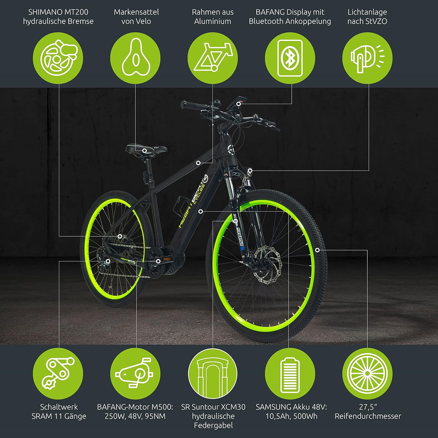Highphoria Elektrofahrrad Erwachsene, 250W 25 km/h E-Bike mit Batterie, Starker Motor, Kettenschaltung, E-Mountainbike mit Hydraulische Federgabel Pedelec für Damen & Herren – Bild 7