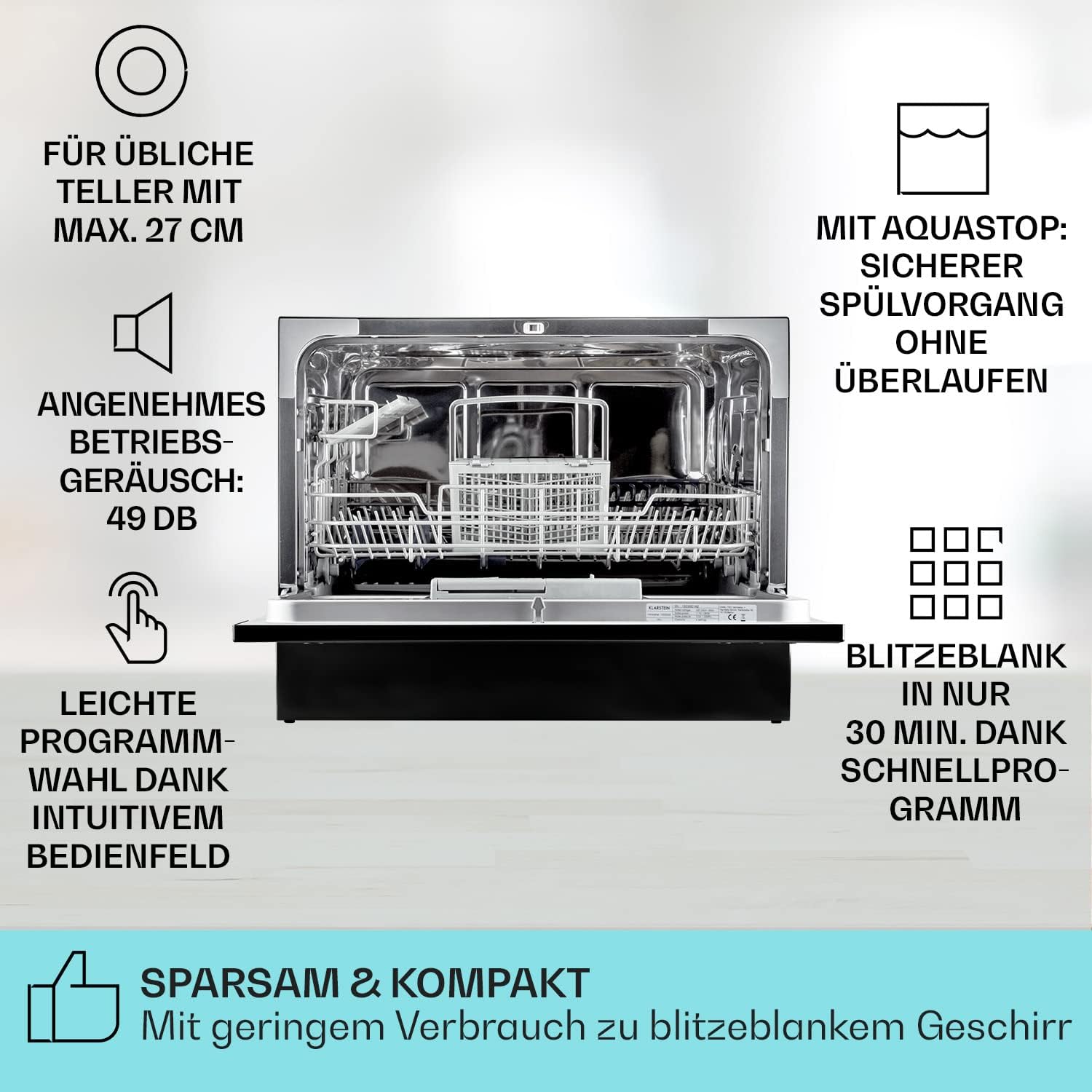 Klarstein ia 8 - Spülmaschine, Geschirrspüler, Freistehend, Teilintegriert, F, 55 cm breit, 8 Maßgedecke, 6 Programme, Aquastop, silber – Bild 33