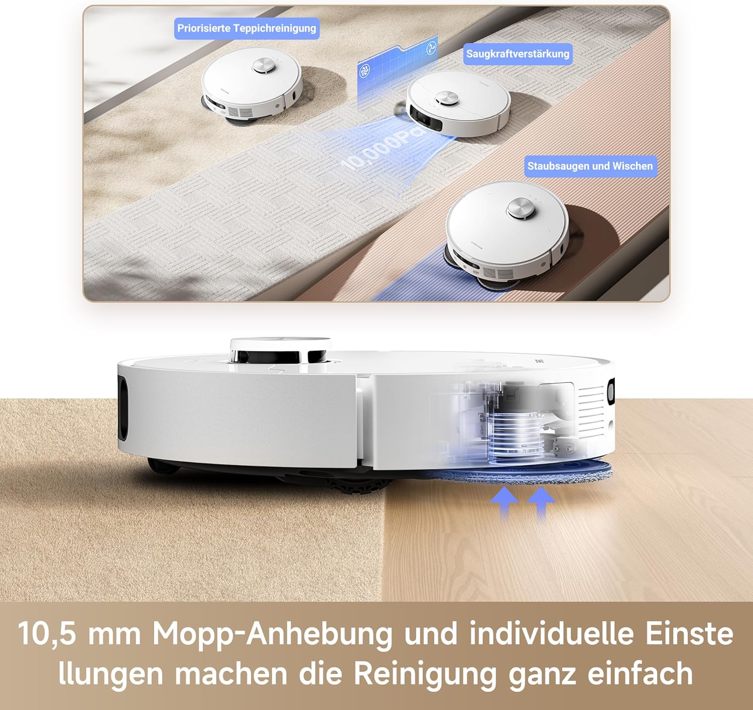 dreame L10s Pro Ultra Heat Roboter Staubsauger mit Automatische Moppreinigung mit heiem Wasser, Moppverlngerung, 7.000 Pa Saugkraft, Doppelte Mopp- und Bodenreinigung, Teppicherkennung – Bild 15