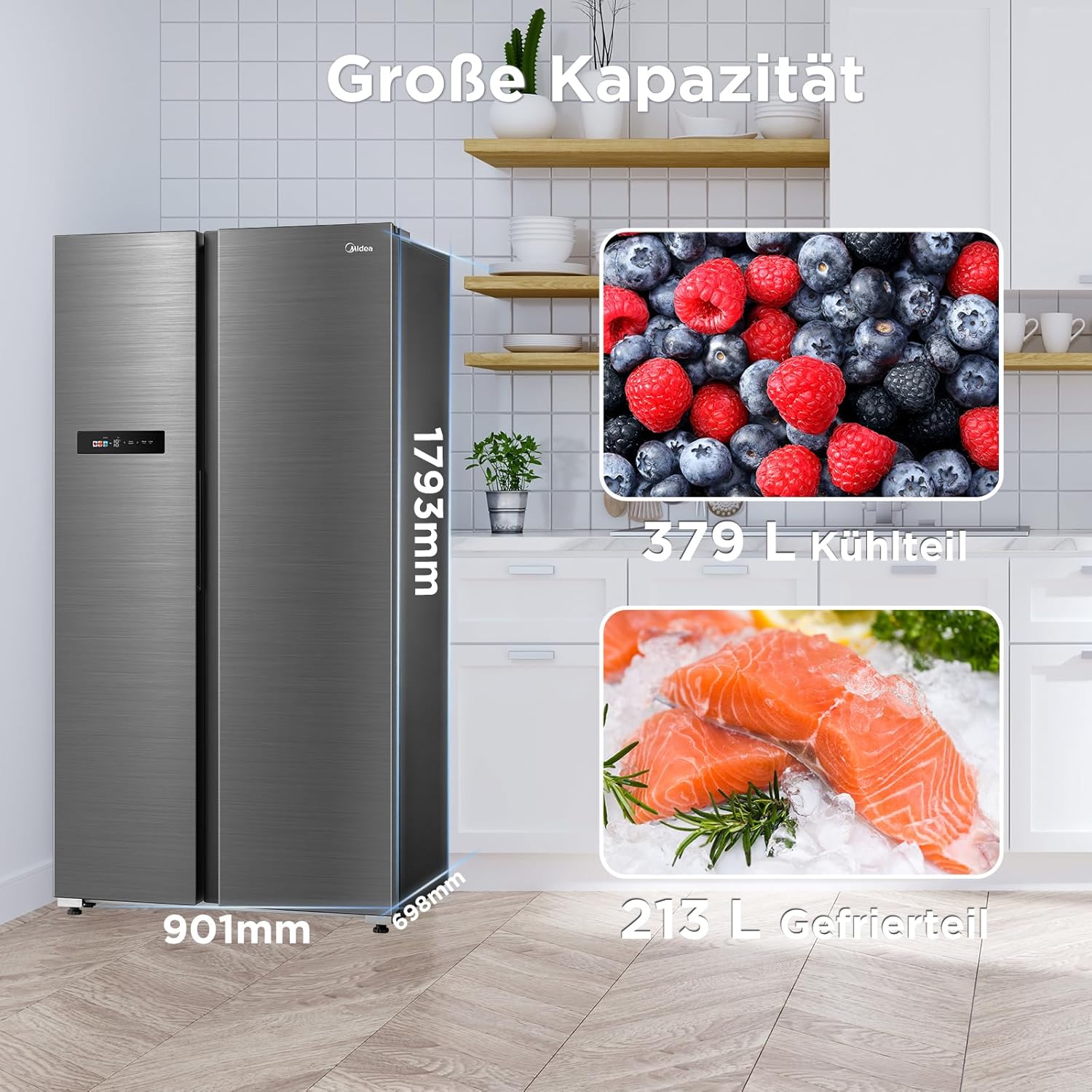 Midea KS-DDX 6.32 WT Side-by-Side Kühl-/Gefrierkombination/ 178,8 cm Hhe/ 254 kWh/Jahr/No Frost/Dual Inverter Compressor/mit 3in1 Wasser-/Eisspender und Wassertank, Dark Inox – Bild 57