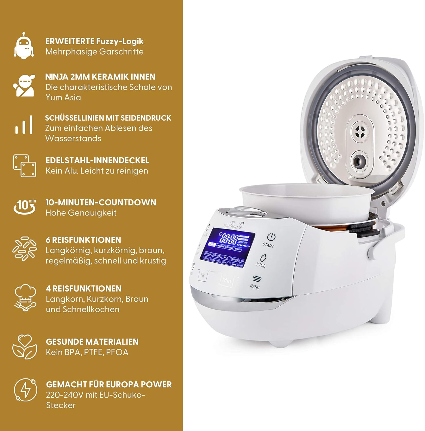 Yum Asia Sakura Reiskocher mit Keramikschale und Advanced Fuzzy Logic (8 Tassen, 1,5 Liter), 6 Reiskochfunktionen, 6 Multikocherfunktionen, Motouch LED-Display, 220-240V EU (schwarz und silber) – Bild 10