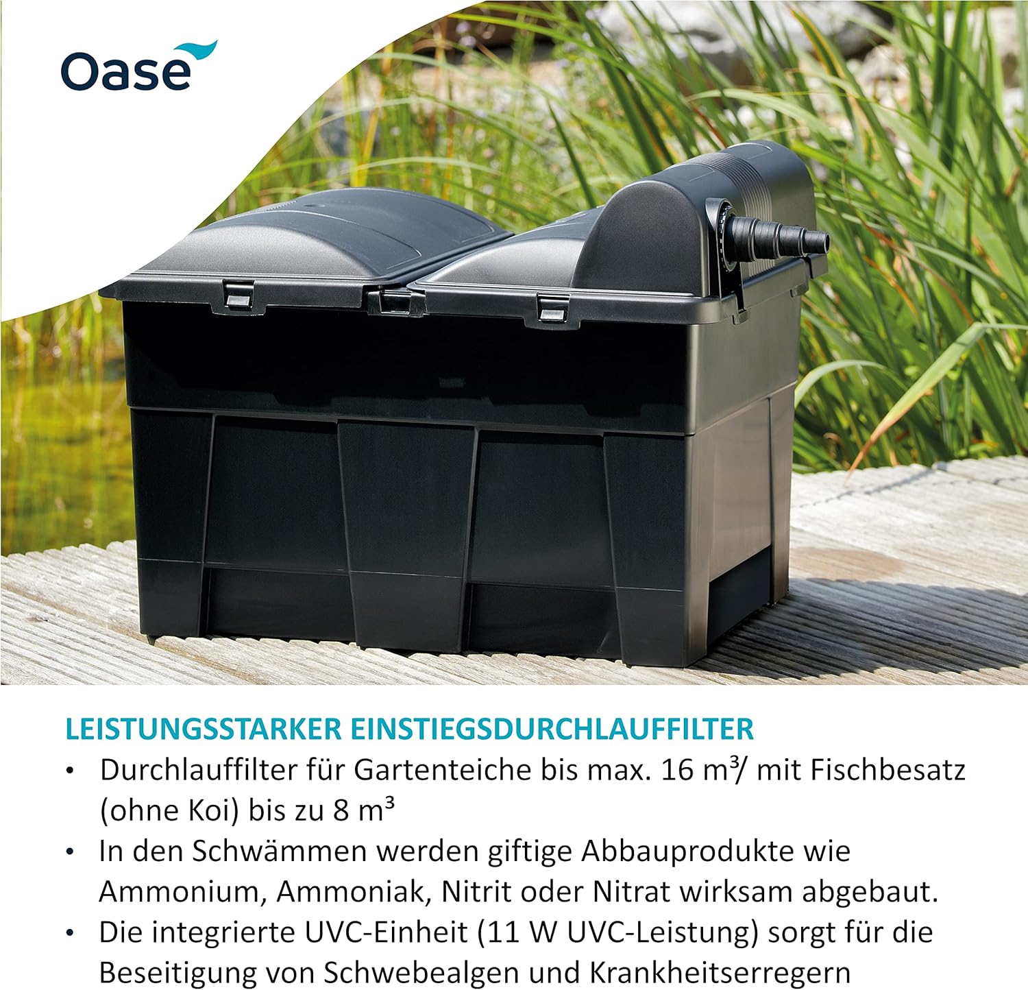 OASE 57377 Durchlauffilter BioSmart UVC 16000 geeignet für Teiche bis 16 m³, Filtersystem, Filterset inkl Filtermaterial und UVC Klärer, Schwarz – Bild 3