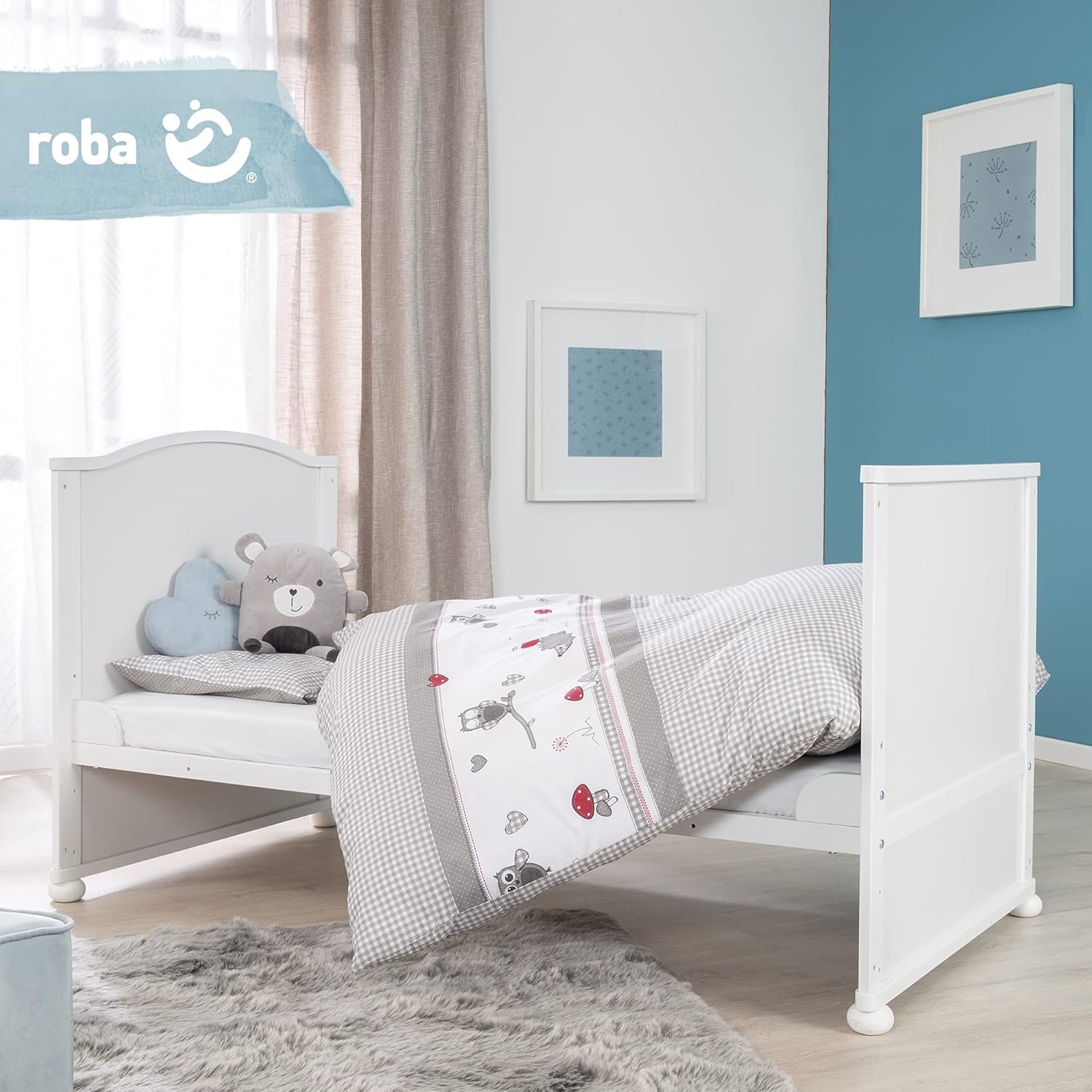 roba Babybett Set Adam & Eule - 70 x 140 cm - Mitwachsendes Kinderbett mit Bettwäsche, Himmel, Matratze - Höhenverstellbar - zu Juniorbett umbaubar - Holz weiß – Bild 20