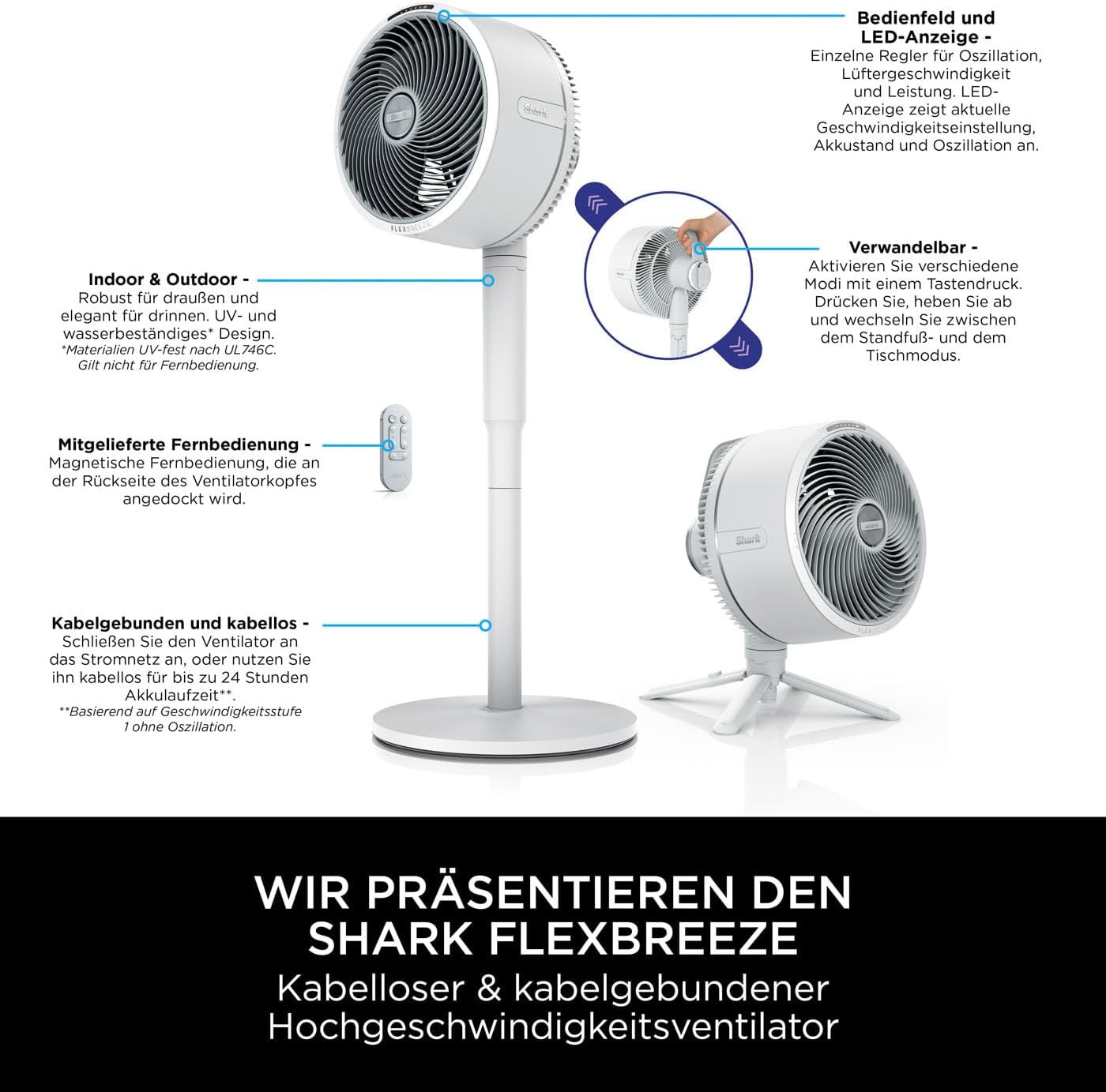 Shark FlexBreeze Ventilator Leise, Hybrid Ventilator Kabelgebunden & Kabellos, Tragbar, für Innen- und Außenbereich, UV- & Wasserbeständig, Ultraleistungsstark, Ultraleise, Weiß FA220EU – Bild 2