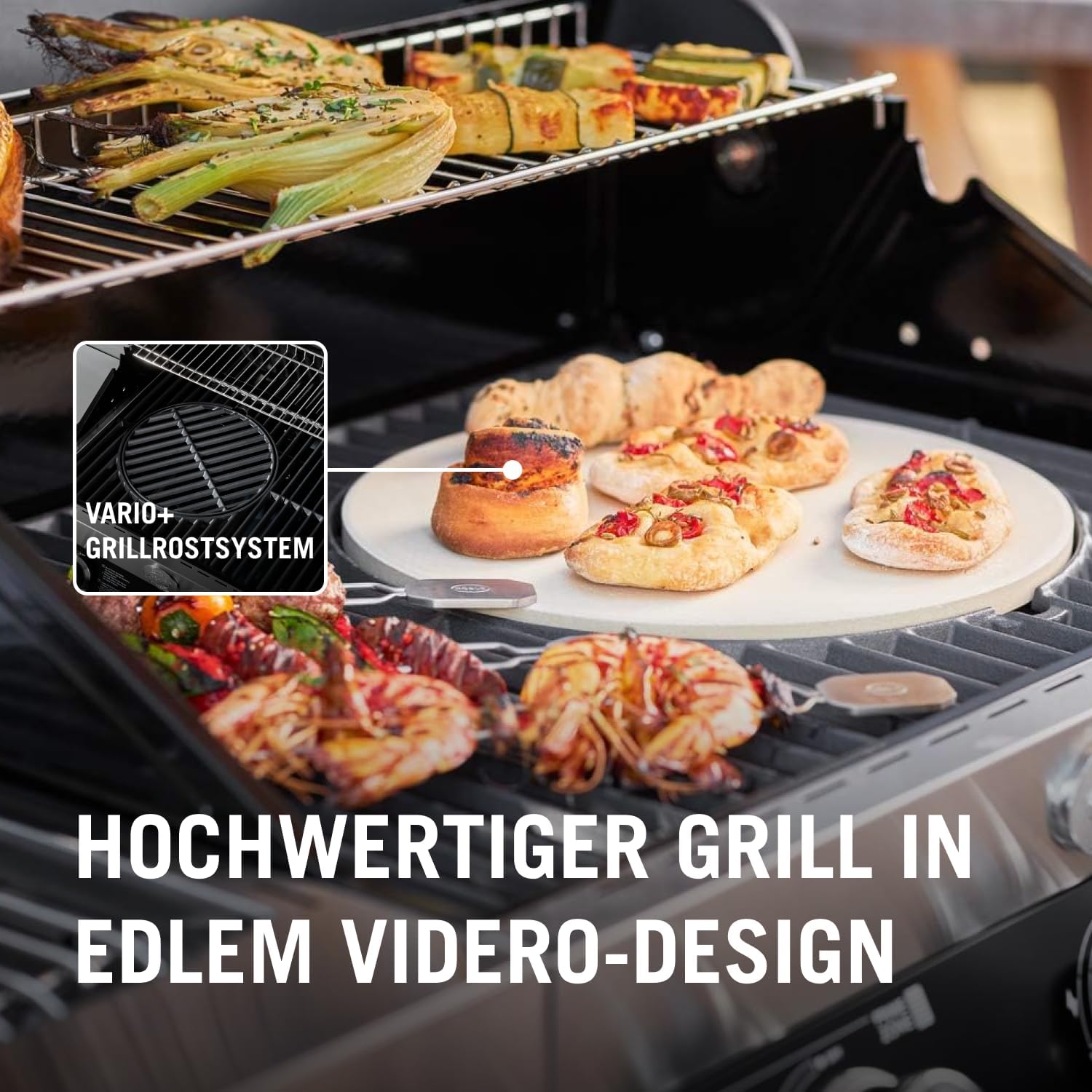 RÖSLE Elektrogrill BBQ-Portable Videro E2-P, tragbarer Tischgrill mit 2 Brennern, Warmhalterost und Deckel mit Glaseinsatz, pulverbeschichteter Stahl, schwarz/silbern – Bild 25