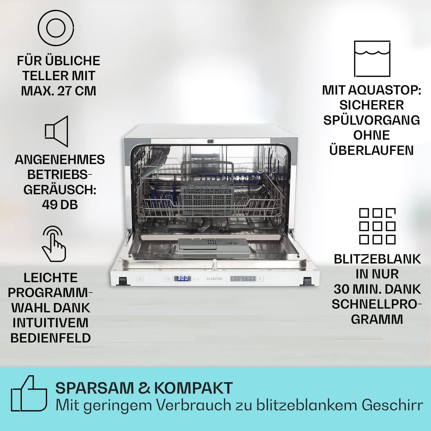 Klarstein ia 8 - Spülmaschine, Geschirrspüler, Freistehend, Teilintegriert, F, 55 cm breit, 8 Maßgedecke, 6 Programme, Aquastop, silber – Bild 39