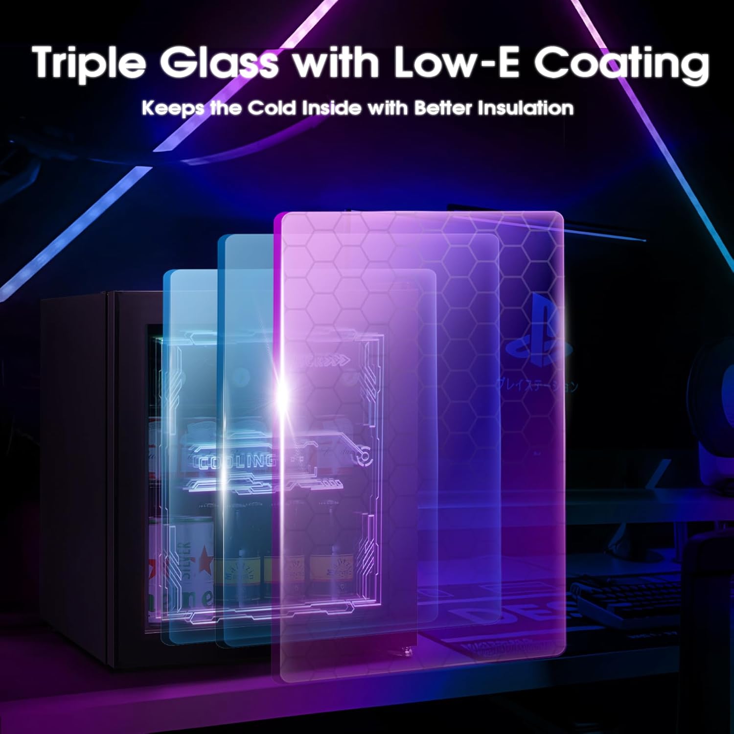 HCK Mini Kühlschrank 48L, Getränkekühlschrank mit Glastür und LED Beleuchtung, Cyberpunk Design, leise 39dB, 0-10℃ Bierkühlschrank für Gaming Room, Party, Bar, Schwarz – Bild 5