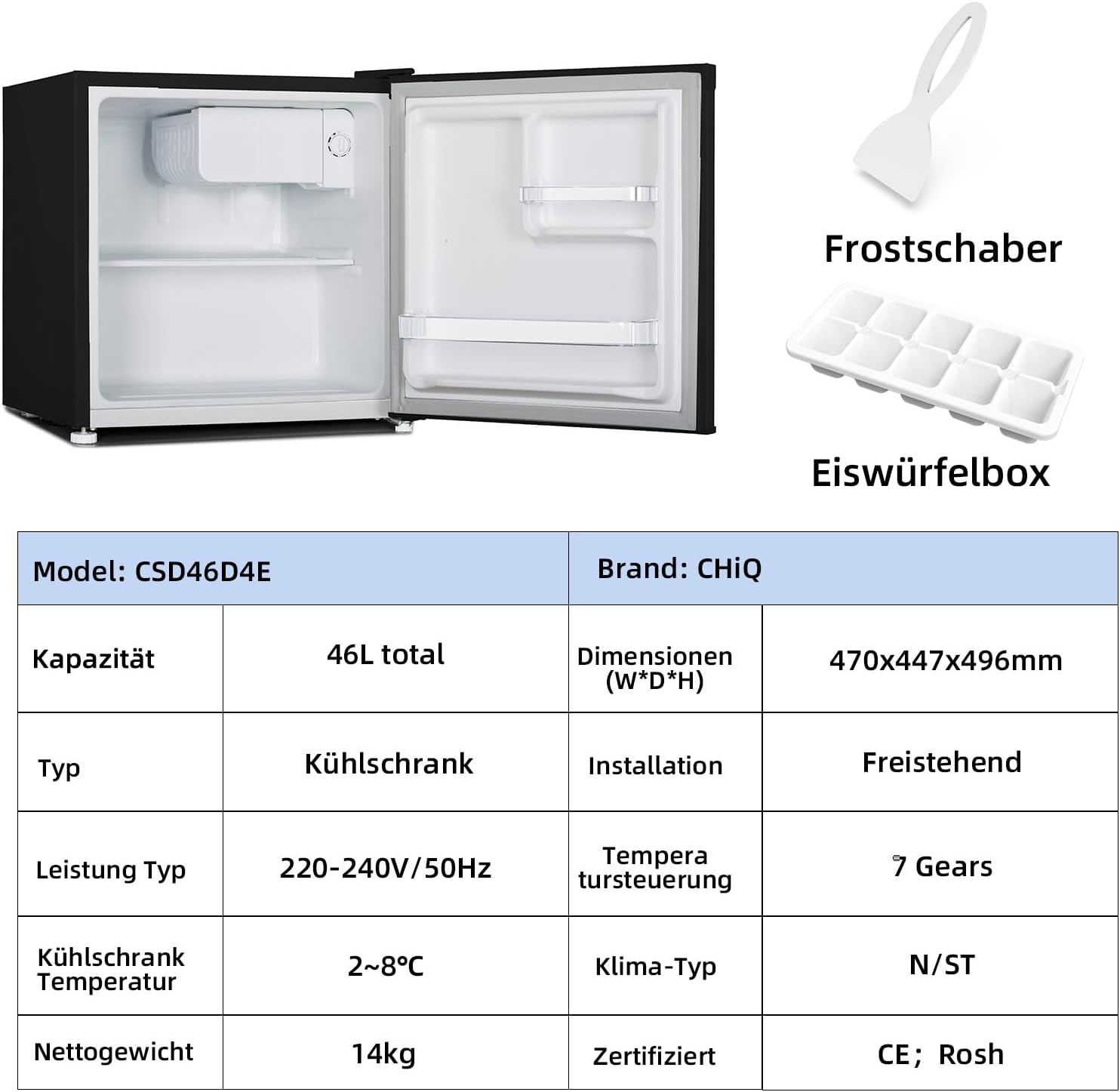 CHIQ Mini Bar Fridge 46 L, Mini Fridge, 49.6 x 47.4 x 44.7 cm (H x W x D), E Energy Consumption 80 kWh per Year, Very Quiet 39 dB – Bild 17