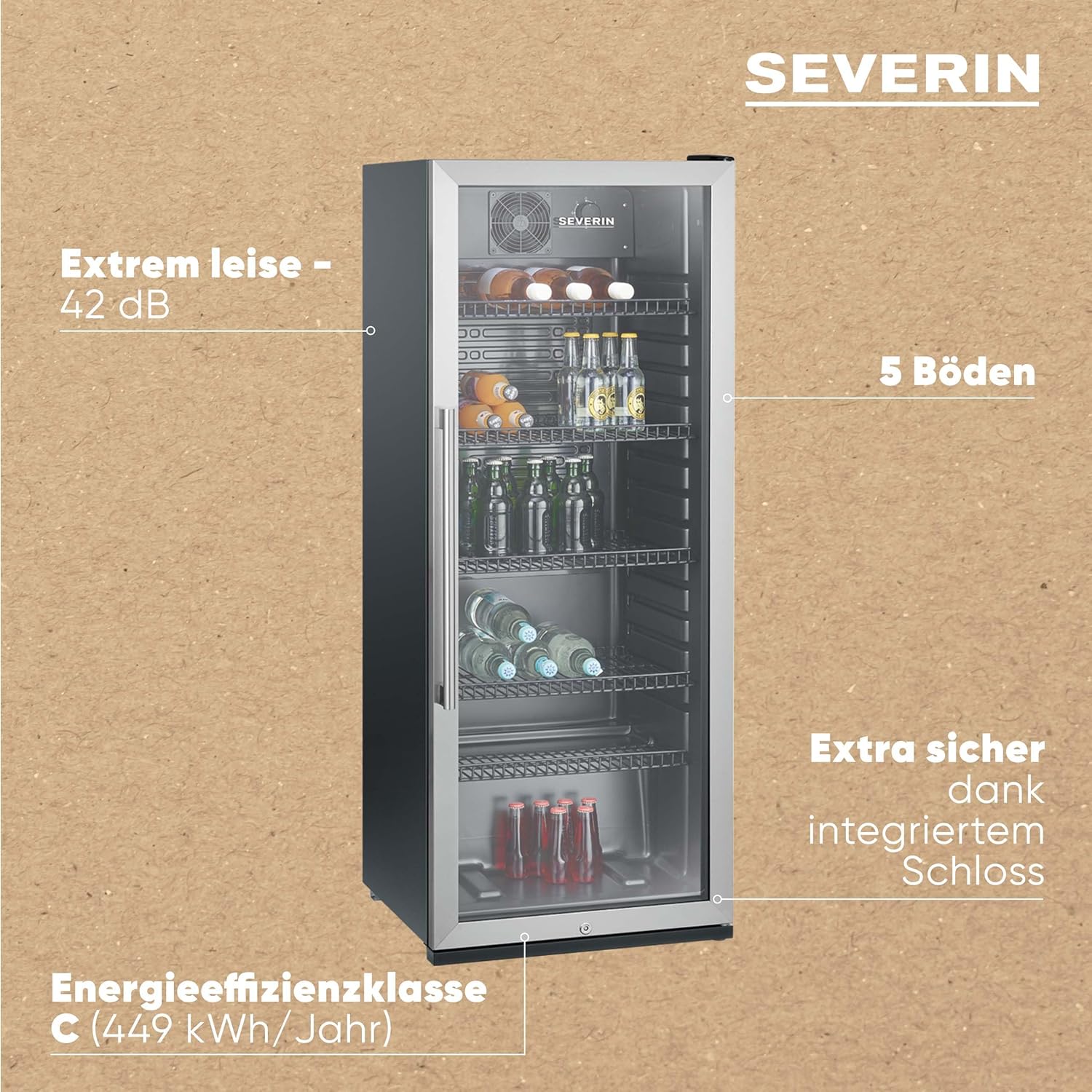 SEVERIN Flaschenkühlschrank, mit integriertem Schloss und integrierter LED-Beleuchtung, 118 L Nutzinhalt, schwarz/silber, FSK 8840 – Bild 6