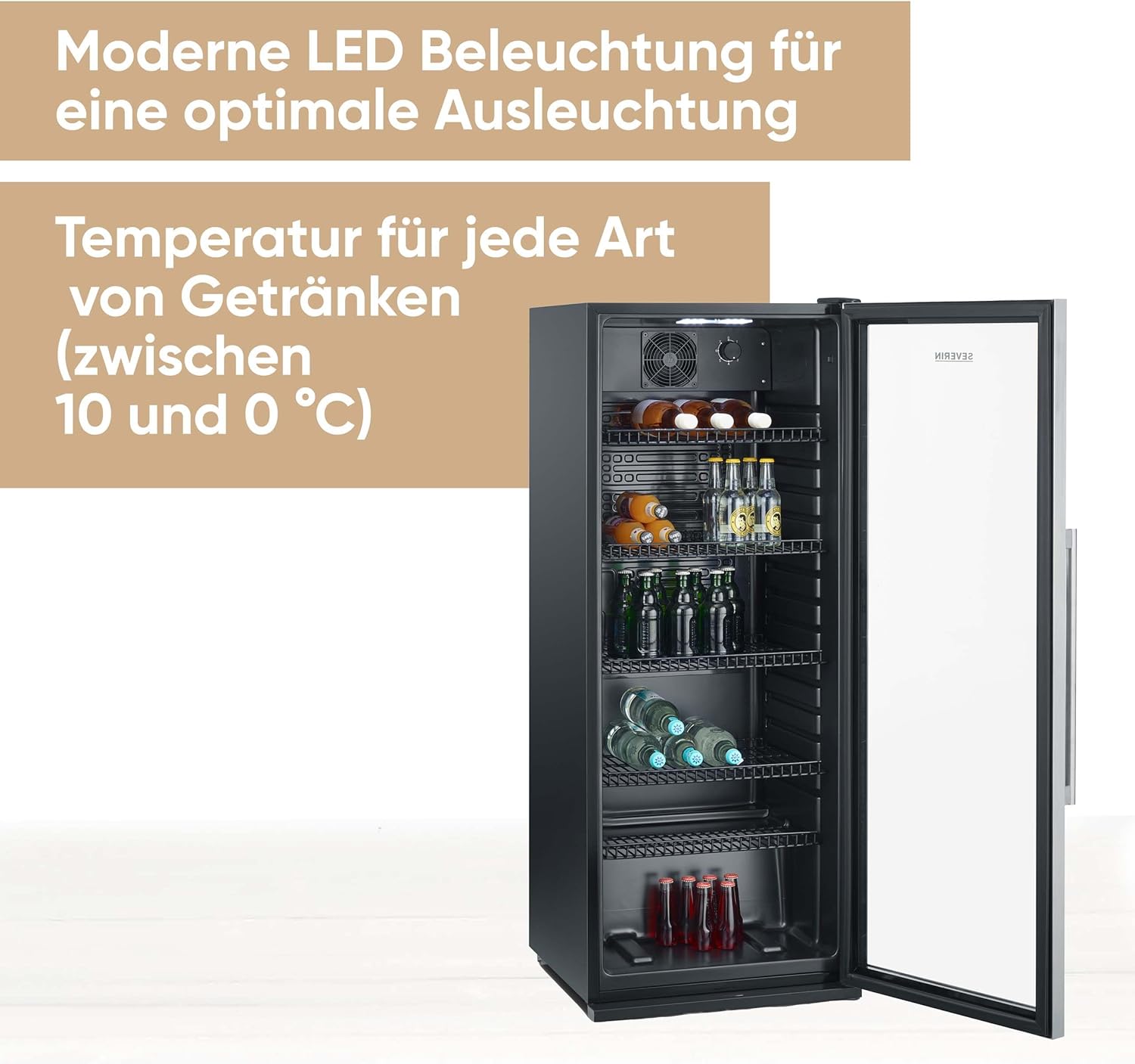 SEVERIN Flaschenkühlschrank, mit integriertem Schloss und integrierter LED-Beleuchtung, 118 L Nutzinhalt, schwarz/silber, FSK 8840 – Bild 2