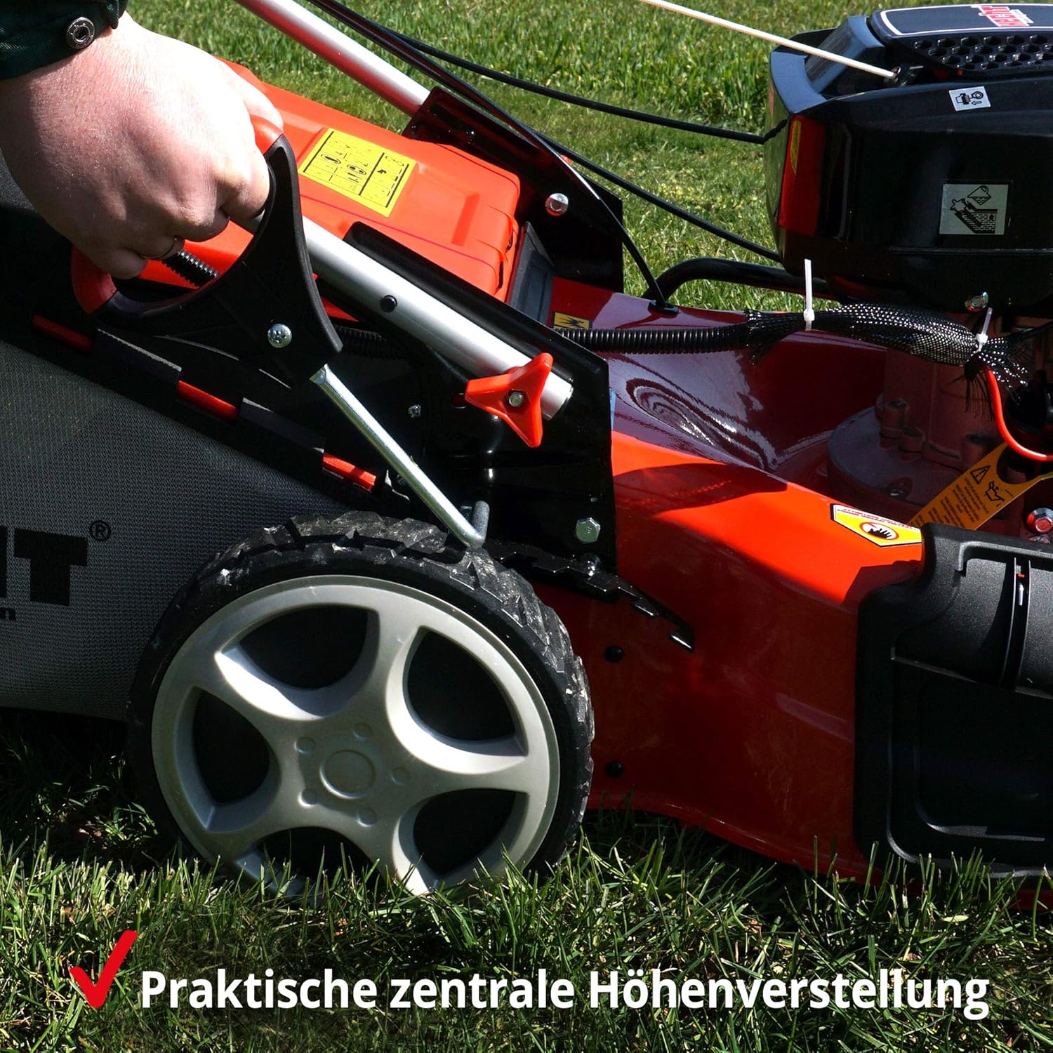 HECHT 5-IN-1 Benzin Rasenmäher – leistungsstarker 4 Takt Eco Motor 4,4 kW (6,0 PS) – Elektrostart – 53 cm Schnittbreite – 75 l Fangkorb – Radantrieb – patentierte Räder – Mulchmäher – Bild 7