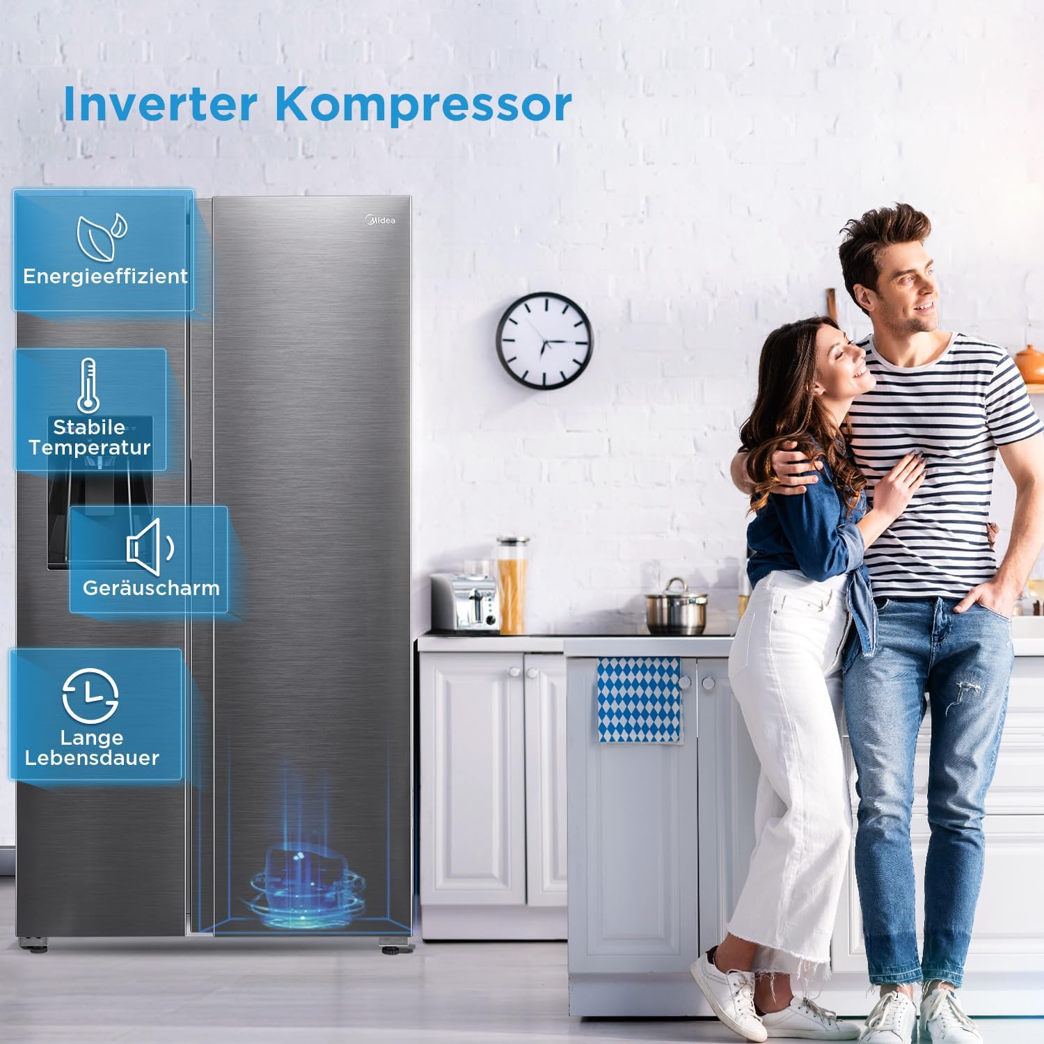 Midea KS-DDX 6.32 WT Side-by-Side Kühl-/Gefrierkombination/ 178,8 cm Hhe/ 254 kWh/Jahr/No Frost/Dual Inverter Compressor/mit 3in1 Wasser-/Eisspender und Wassertank, Dark Inox – Bild 5