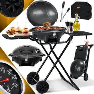 KESSER® elektrischer Elektrogrill 2in1 Tischgrill - Standgrill mit Deckel und Standfuß | max. 2400 Watt | Faltbar | Thermostat | Antihaftbeschichtung | Grillplatte Abstelltische | 2 Räder |