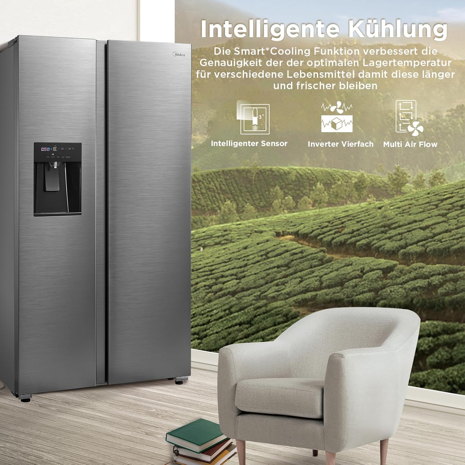 Midea KS-DDX 6.32 WT Side-by-Side Kühl-/Gefrierkombination/ 178,8 cm Hhe/ 254 kWh/Jahr/No Frost/Dual Inverter Compressor/mit 3in1 Wasser-/Eisspender und Wassertank, Dark Inox – Bild 3