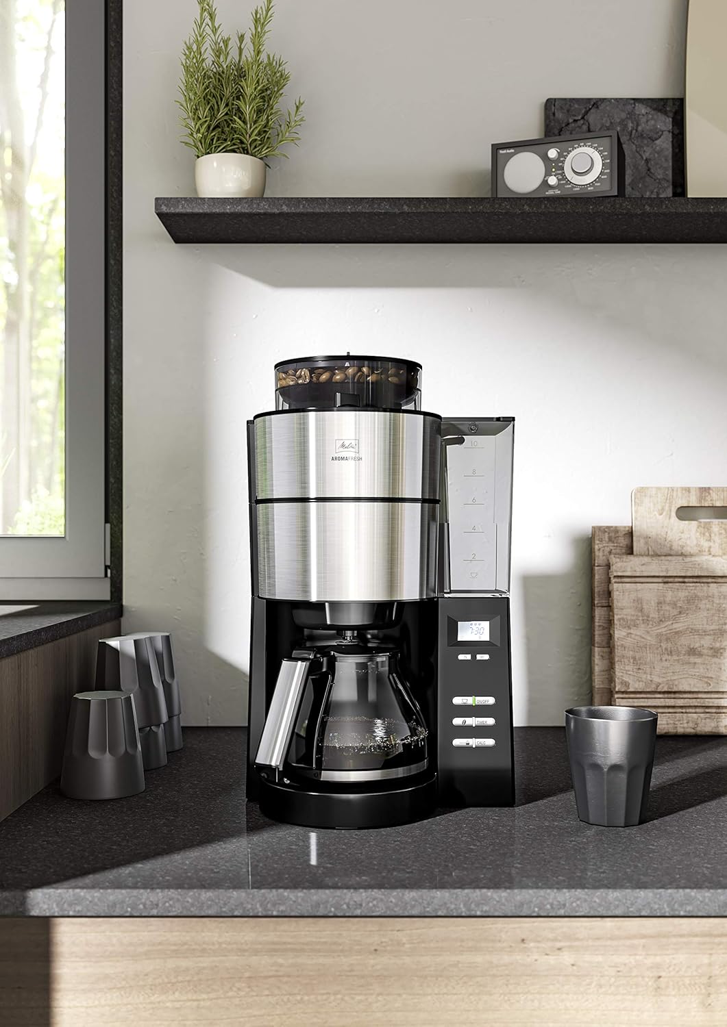 Melitta AromaFresh - Filterkaffeemaschine - mit Glaskanne - integriertes Mahlwerk - Timer Funktion - 10 Tassen - Pure Black – Bild 51