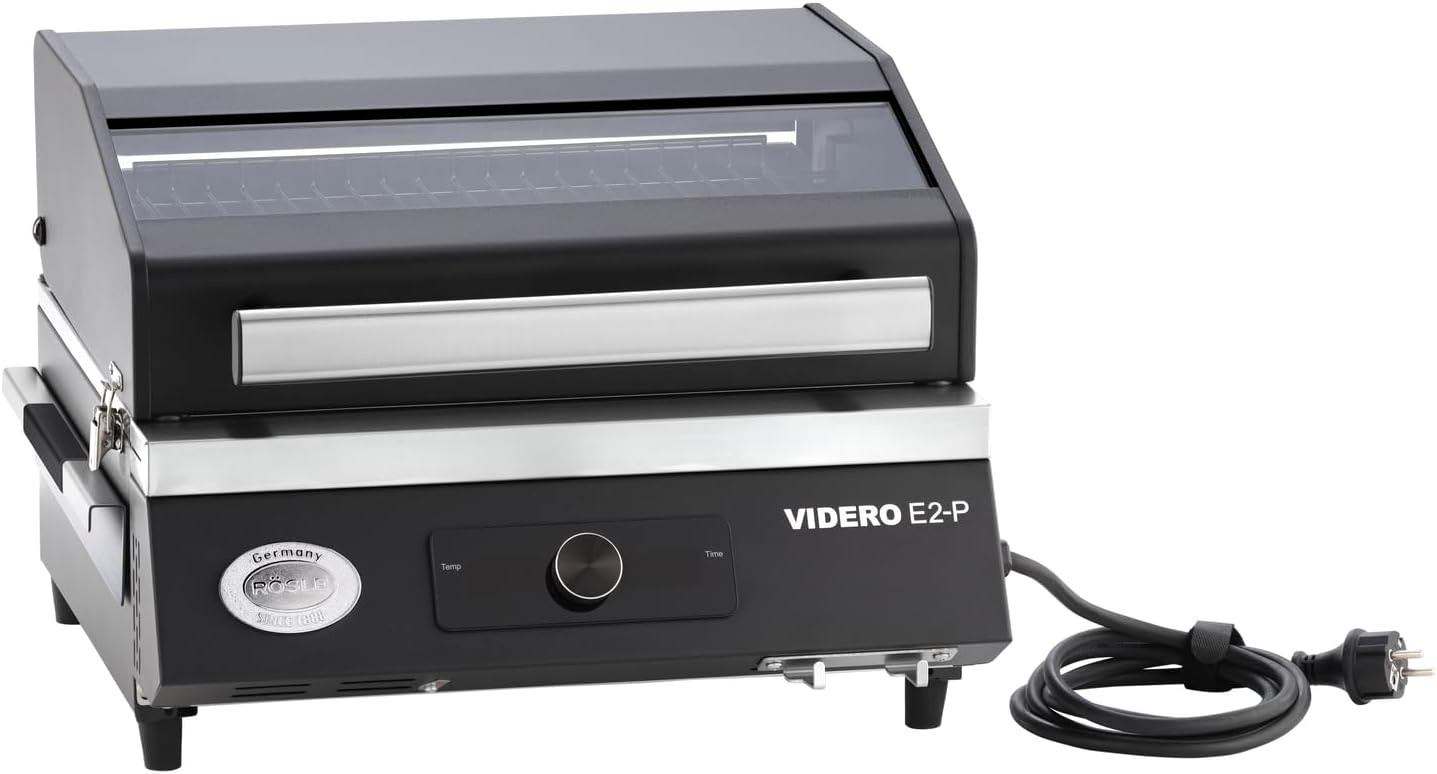 RÖSLE Elektrogrill BBQ-Portable Videro E2-P, tragbarer Tischgrill mit 2 Brennern, Warmhalterost und Deckel mit Glaseinsatz, pulverbeschichteter Stahl, schwarz/silbern – Bild 4
