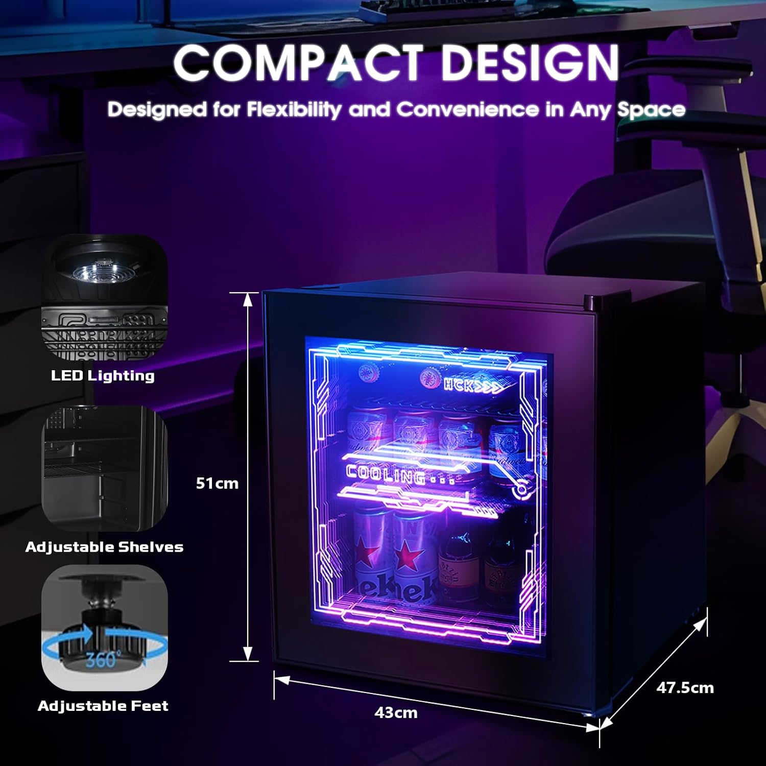 HCK Mini Kühlschrank 48L, Getränkekühlschrank mit Glastür und LED Beleuchtung, Cyberpunk Design, leise 39dB, 0-10℃ Bierkühlschrank für Gaming Room, Party, Bar, Schwarz – Bild 6