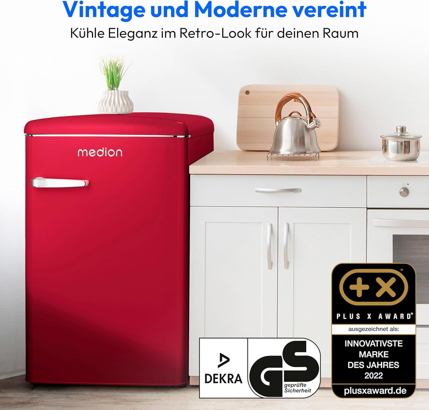 MEDION Retro Kühl-Gefrierkombination (95L Kühlschrank, 13L 4 Sterne Gefrierfach, 108 Liter Nutzinhalt, LED Innenbeleuchtung, Stufenlose Temperaturregelung, MD 37790) rot – Bild 12
