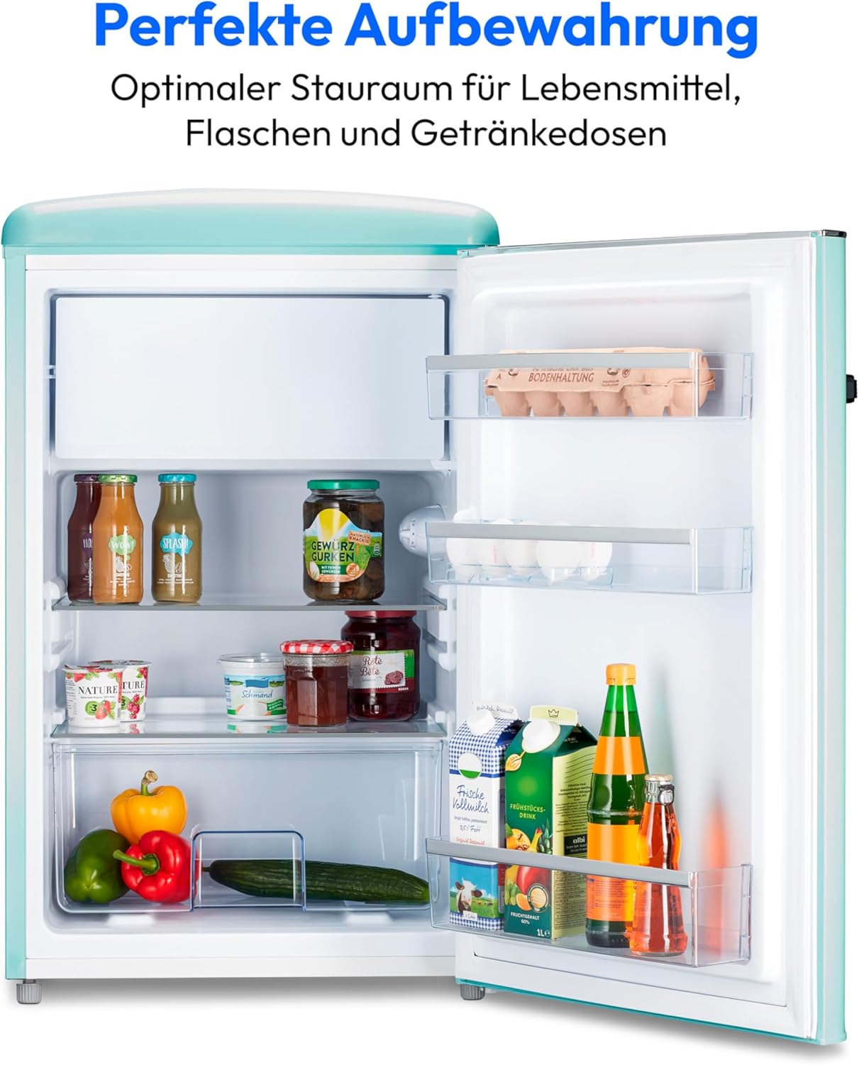 MEDION Retro Kühl-Gefrierkombination (95L Kühlschrank, 13L 4 Sterne Gefrierfach, 108 Liter Nutzinhalt, LED Innenbeleuchtung, Stufenlose Temperaturregelung, MD 37790) rot – Bild 5