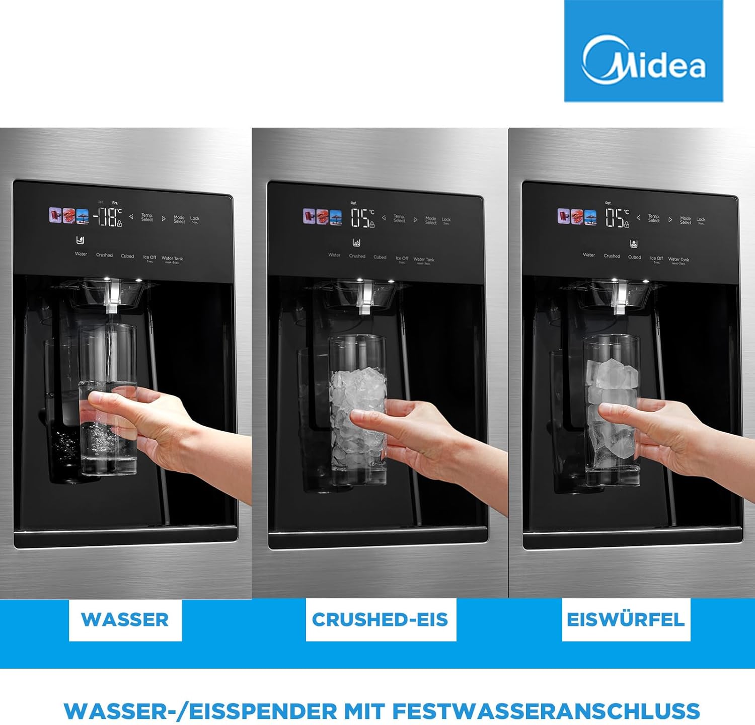 Midea KS-DDX 6.32 WT Side-by-Side Kühl-/Gefrierkombination/ 178,8 cm Hhe/ 254 kWh/Jahr/No Frost/Dual Inverter Compressor/mit 3in1 Wasser-/Eisspender und Wassertank, Dark Inox – Bild 7