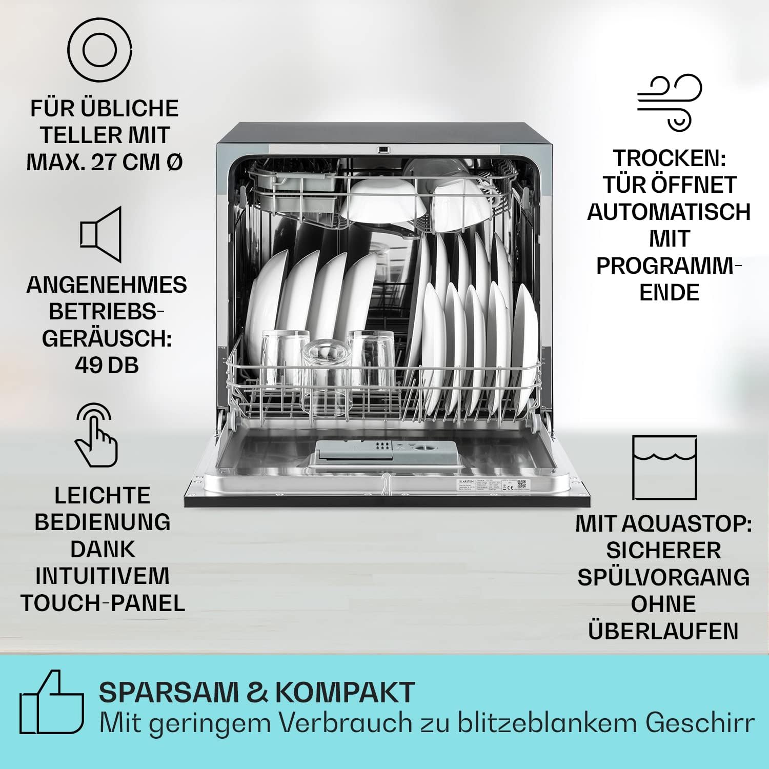 Klarstein ia 8 - Spülmaschine, Geschirrspüler, Freistehend, Teilintegriert, F, 55 cm breit, 8 Maßgedecke, 6 Programme, Aquastop, silber – Bild 76