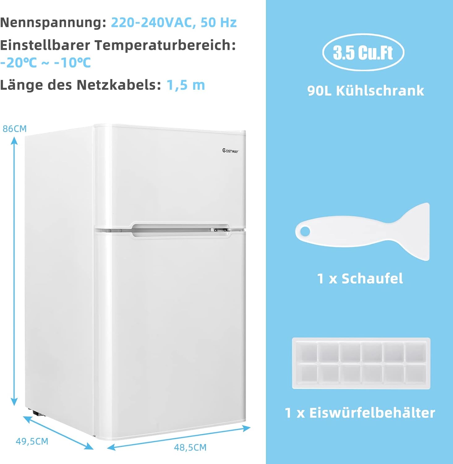 COSTWAY 90L Kühlschrank mit 27L Gefrierfach Kühl-Gefrier-Kombination Standkühlschrank Gefrierschrank mini Kühlschrank (weiß) – Bild 16