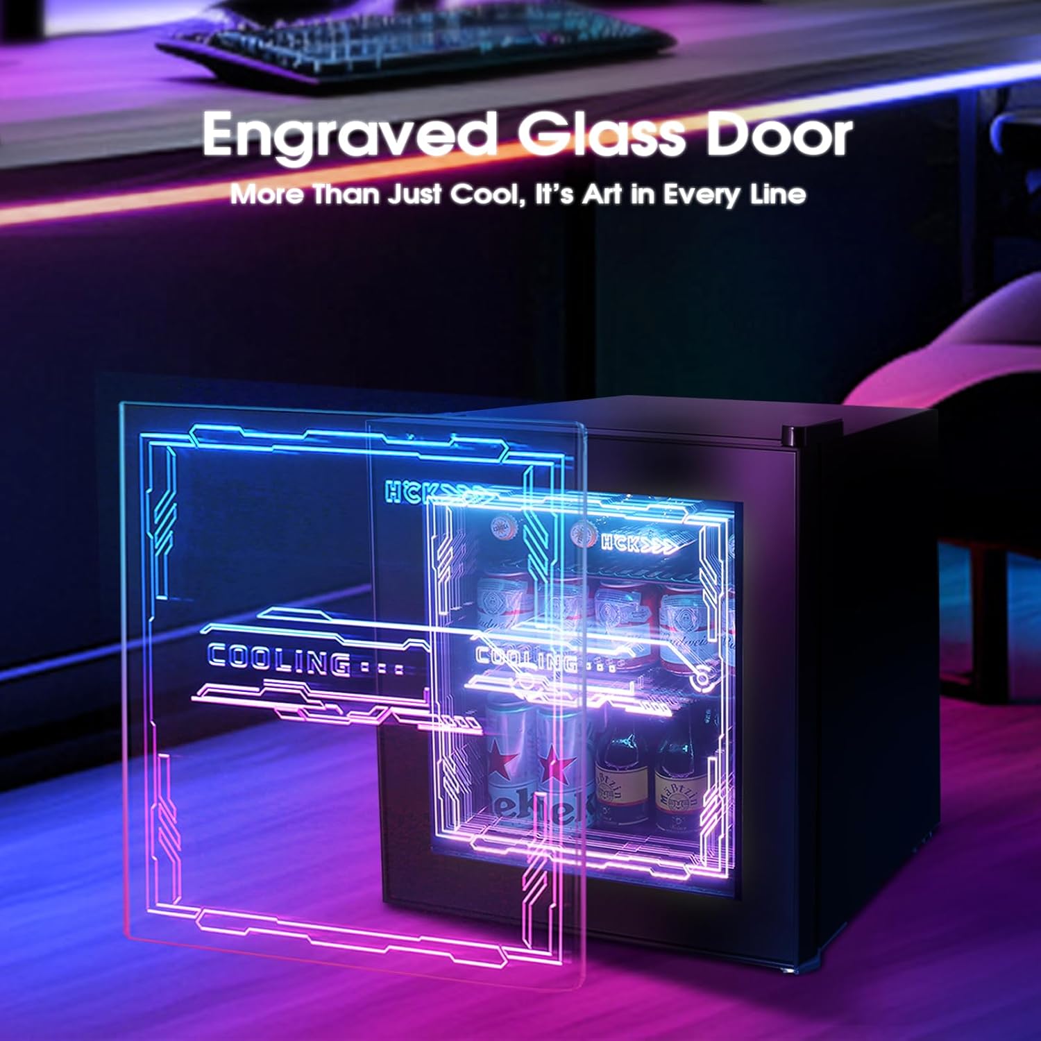 HCK Mini Kühlschrank 48L, Getränkekühlschrank mit Glastür und LED Beleuchtung, Cyberpunk Design, leise 39dB, 0-10℃ Bierkühlschrank für Gaming Room, Party, Bar, Schwarz – Bild 3