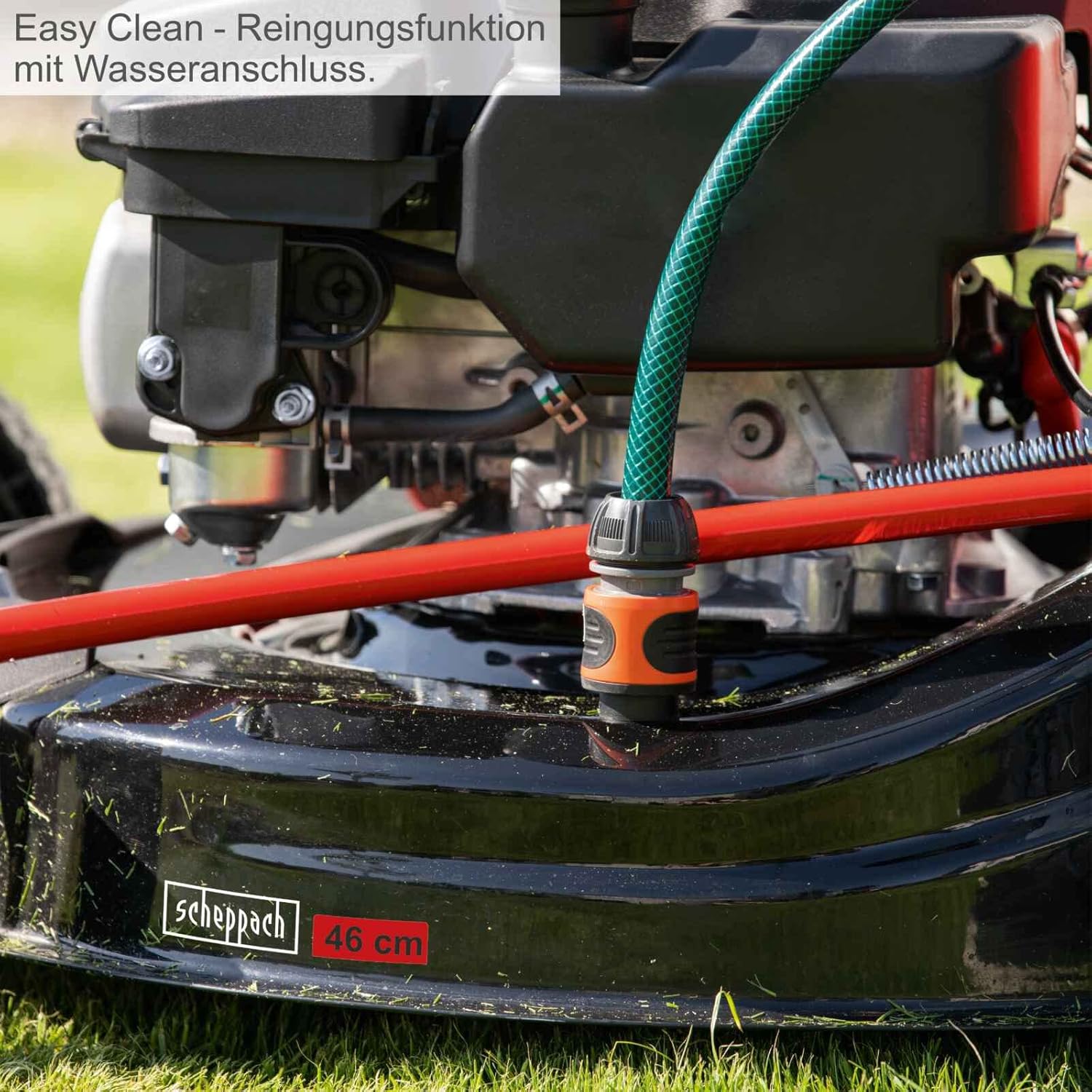 Scheppach MS150-46E Benzin Rasenmäher mit E-Start | 46cm Schnittbreite | Reinigungsfunktion | 55 Liter Fangkorb | Stahlgehäuse | 7-stufige Höhenverstellung | Mulchfunktion | Radantrieb | Seitenauswurf – Bild 10