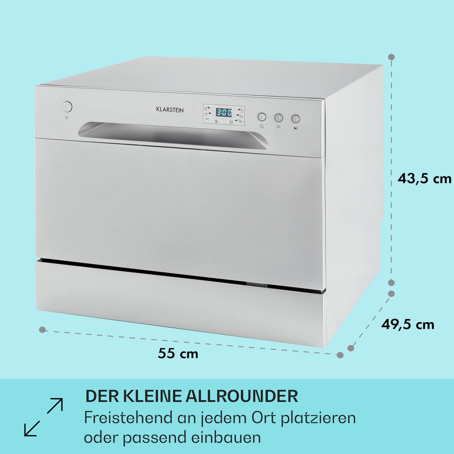 Klarstein ia 8 - Spülmaschine, Geschirrspüler, Freistehend, Teilintegriert, F, 55 cm breit, 8 Maßgedecke, 6 Programme, Aquastop, silber – Bild 68