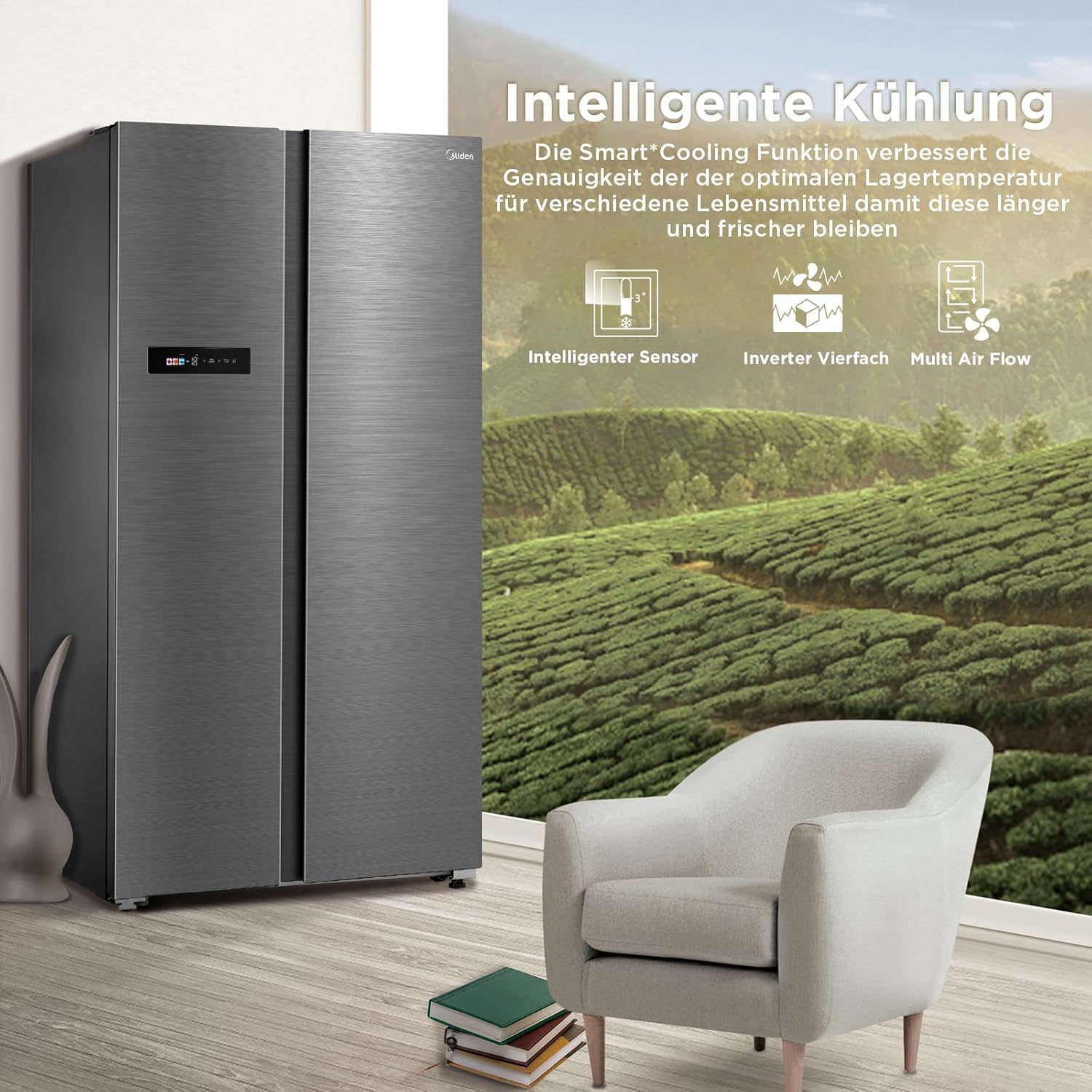 Midea KS-DDX 6.32 WT Side-by-Side Kühl-/Gefrierkombination/ 178,8 cm Hhe/ 254 kWh/Jahr/No Frost/Dual Inverter Compressor/mit 3in1 Wasser-/Eisspender und Wassertank, Dark Inox – Bild 56