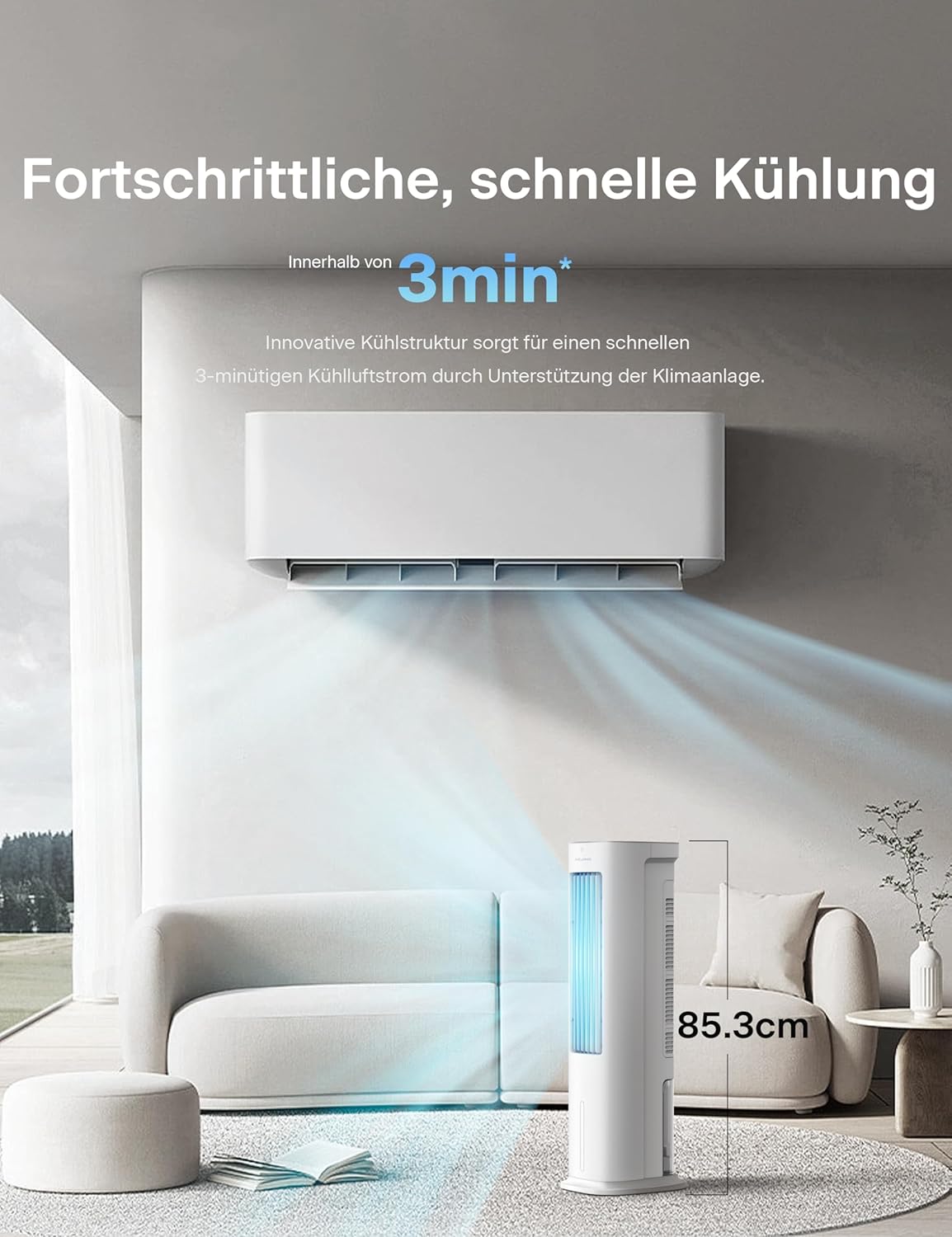 PELONIS Luftkühler mit Wasserkühlung, Klimaanlage Mobil, 5L Ventilator mit Wasserkühlung, Klimagert Luftbefeuchter mit Fernbedienung, 355m/h Klimaanlage Ohne Abluftschlauch – Bild 8