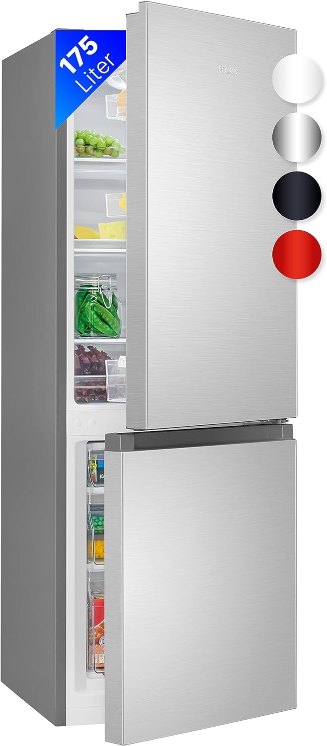 Bomann® Kühlschrank mit Gefrierfach 143cm hoch | Kühl Gefrierkombination 175L mit 3 Ablagen & 3 Schubladen | Türanschlag wechselbar | leise Kühlgefrierkombi 39db | Kühlschrank KG 320.2 inox