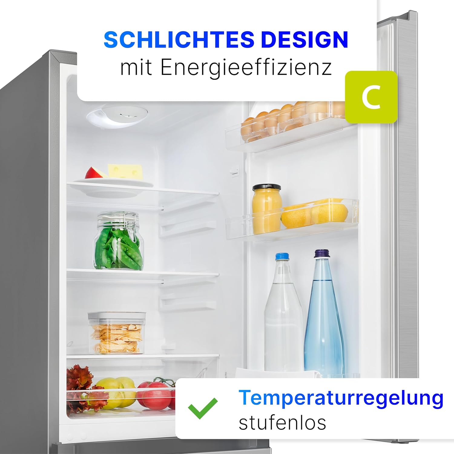 Bomann Kühlschrank mit Gefrierfach 143cm hoch | Kühl Gefrierkombination 173L mit 3 Ablagen & 3 Schubladen | Türanschlag wechselbar | leise Kühlgefrierkombi 40db | Kühlschrank KG 7359 inox – Bild 2