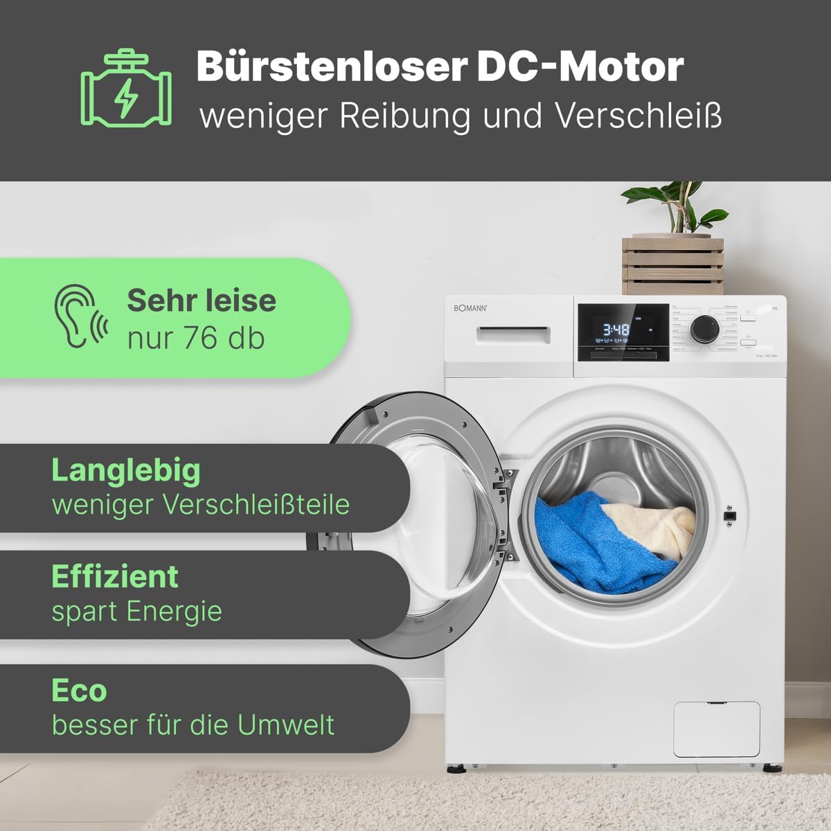 Bomann® Waschmaschine 10kg | max. 1400 U/min | 10 Jahre Motor-Garantie | effizienter, leiser & langlebiger Invertermotor | 15 Programme | Endzeitvorwahl | LED-Display | Washing Machine WA 7110 – Bild 12
