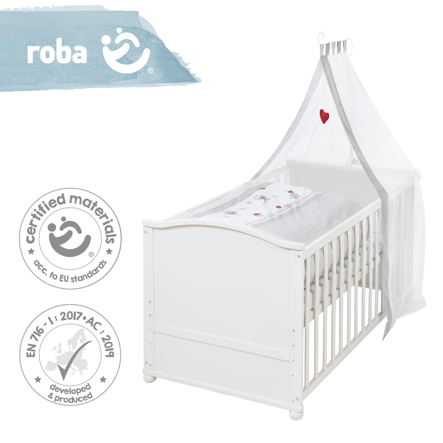 roba Babybett Set Adam & Eule - 70 x 140 cm - Mitwachsendes Kinderbett mit Bettwäsche, Himmel, Matratze - Höhenverstellbar - zu Juniorbett umbaubar - Holz weiß – Bild 18