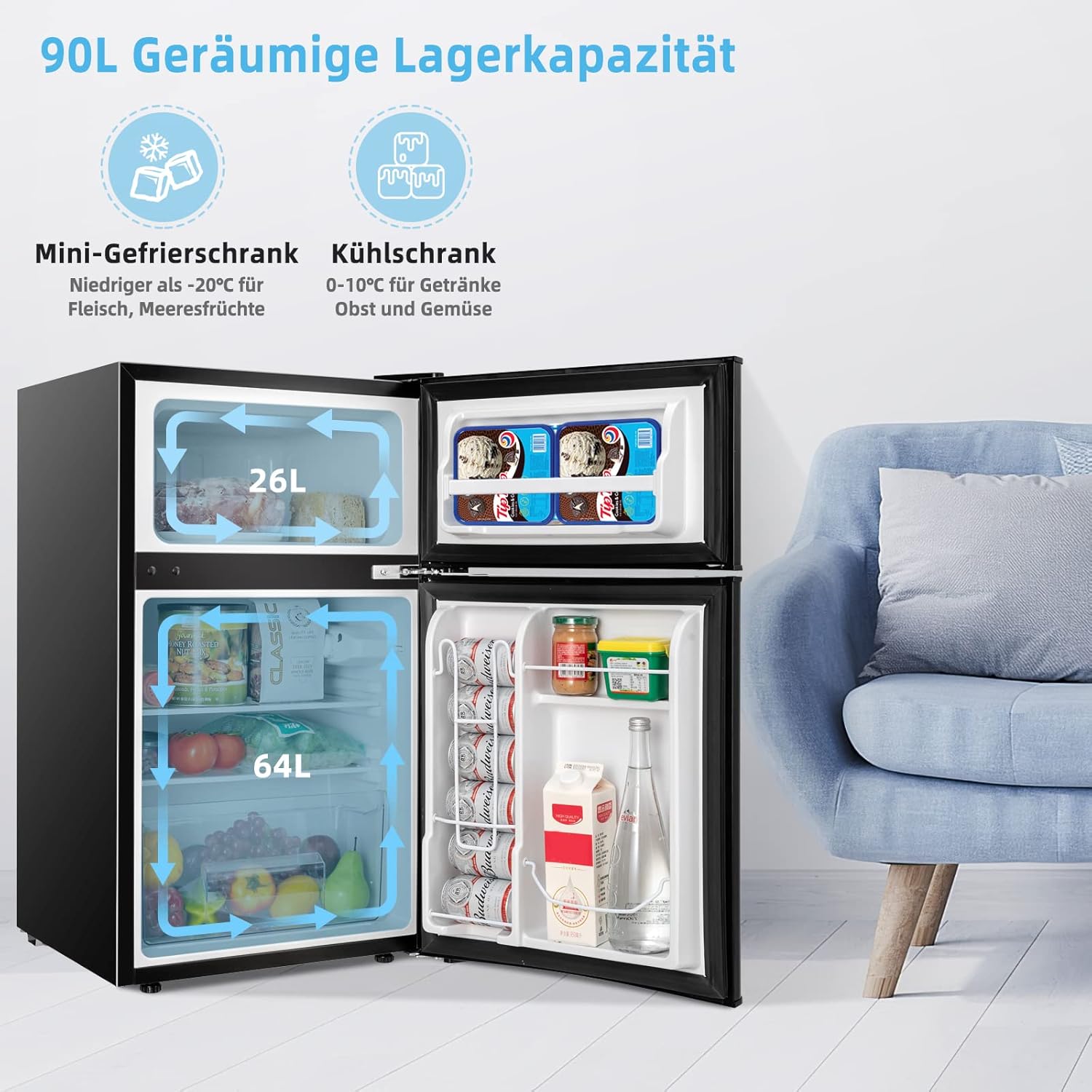 COSTWAY 90L Kühlschrank mit 27L Gefrierfach Kühl-Gefrier-Kombination Standkühlschrank Gefrierschrank mini Kühlschrank (weiß) – Bild 7