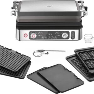Braun MultiGrill 9 Pro CG 9160, Elektrogrill mit 2 unabhängigen Thermostaten, 3 Kochpositionen, spülmaschinenfeste Platten, integrierte Thermosonde, 2200 W, Schwarz/Edelstahl