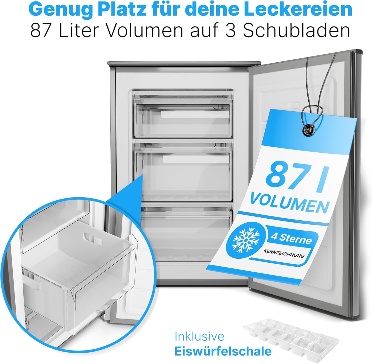 Bomann® Gefrierschrank 87L | Gefrierschrank klein mit Temperaturbereich ≤ -18°C | 3 Schubladen | Tiefkühlschrank mit wechselbarem Türanschlag | Freezer Tiefkühlschrank klein GS 7253 weiß – Bild 14