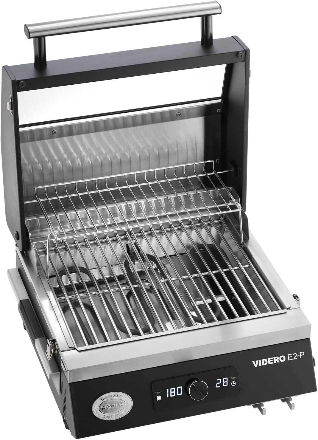 RÖSLE Elektrogrill BBQ-Portable Videro E2-P, tragbarer Tischgrill mit 2 Brennern, Warmhalterost und Deckel mit Glaseinsatz, pulverbeschichteter Stahl, schwarz/silbern – Bild 53