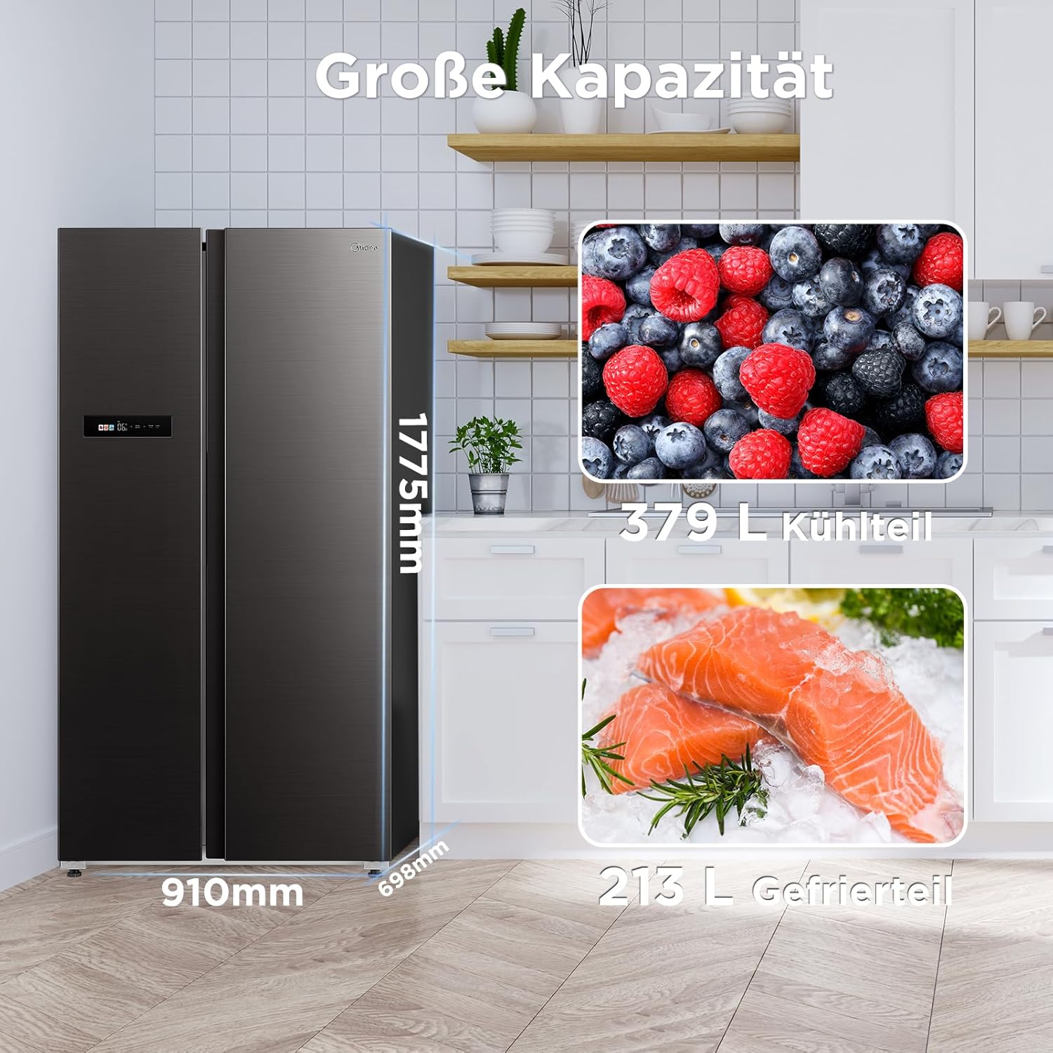 Midea KS-DDX 6.32 WT Side-by-Side Kühl-/Gefrierkombination/ 178,8 cm Hhe/ 254 kWh/Jahr/No Frost/Dual Inverter Compressor/mit 3in1 Wasser-/Eisspender und Wassertank, Dark Inox – Bild 42