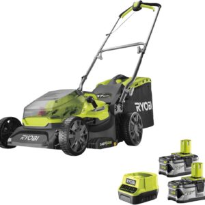 RYOBI 18 V ONE+ Akku-Rasenmäher RLM18X33B40 (Schnittbreite 33 cm, 5-fache Höhenverstellung 25-65 mm, zusammenklappbares Griffgestänge, inkl. Mulchkeil, 35l Grasfangsack, 4,0Ah Akku & Ladegerät)