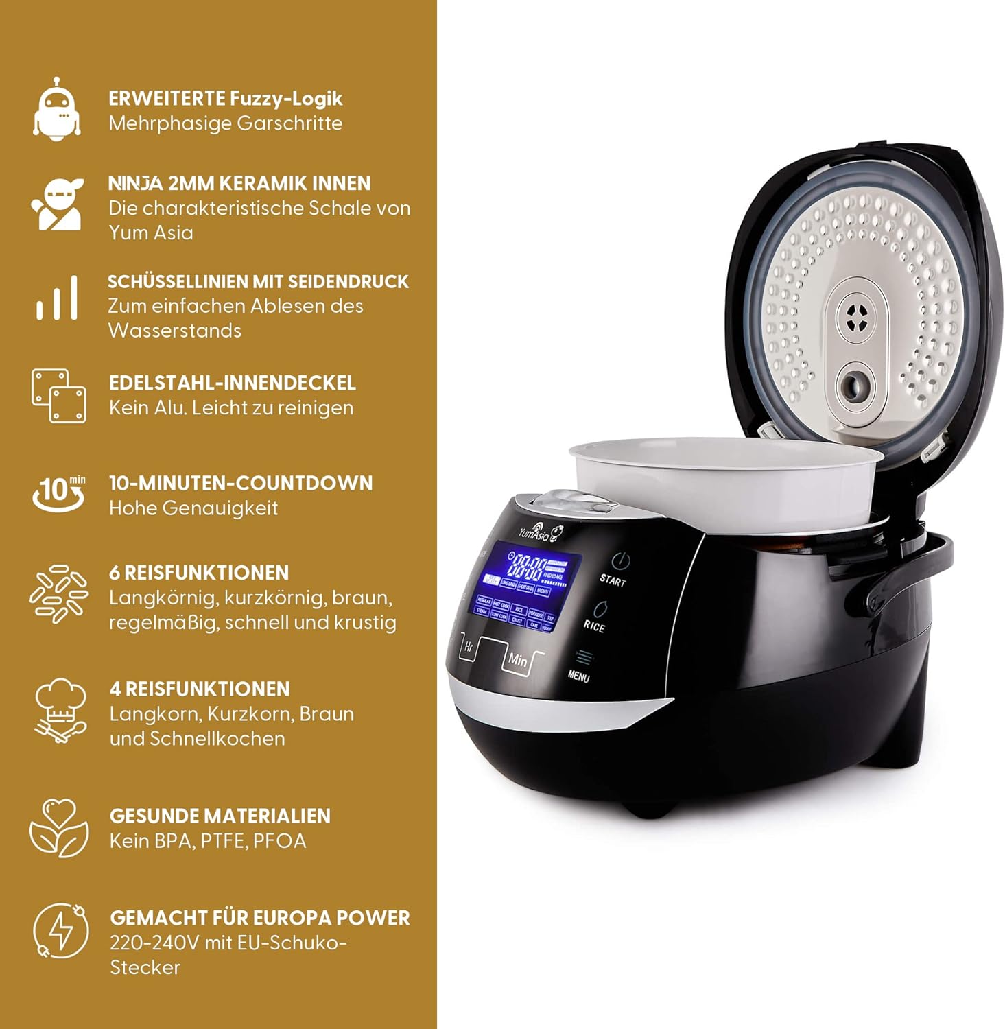 Yum Asia Sakura Reiskocher mit Keramikschale und Advanced Fuzzy Logic (8 Tassen, 1,5 Liter), 6 Reiskochfunktionen, 6 Multikocherfunktionen, Motouch LED-Display, 220-240V EU (schwarz und silber) – Bild 4