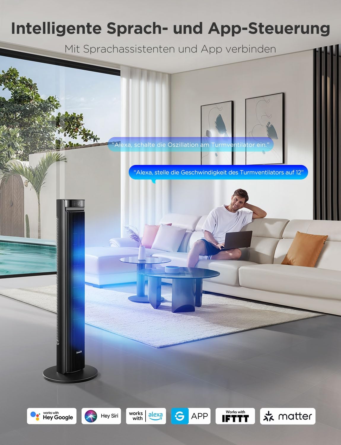GoveeLife 27 dB leiser Ventilator, 12 Geschwindigkeiten bis zu 8 m/s, 5 Modi, 24-Stunden-Timer, intelligenter Turmventilator mit 150°-Oszillation, APP- und Sprachsteuerung für Zuhause, schwarz – Bild 2