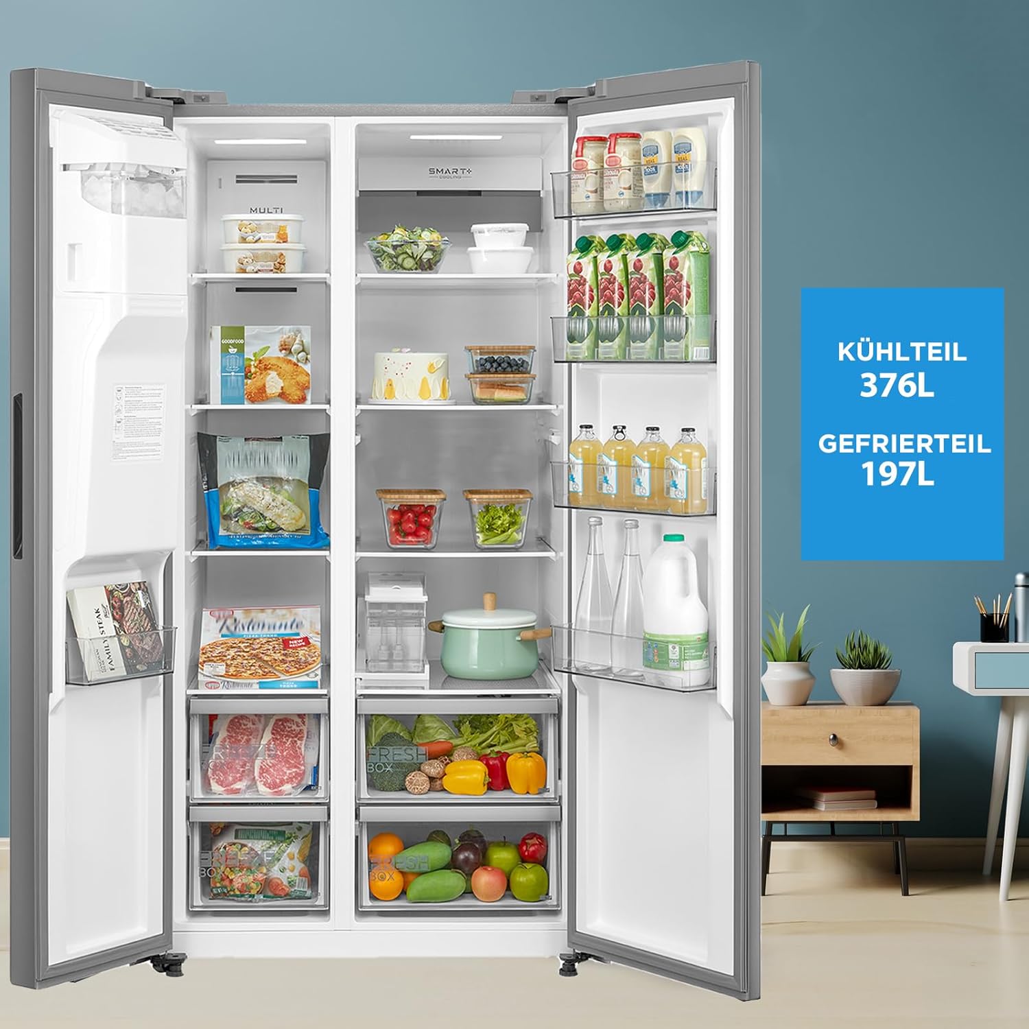 Midea KS-DDX 6.32 WT Side-by-Side Kühl-/Gefrierkombination/ 178,8 cm Hhe/ 254 kWh/Jahr/No Frost/Dual Inverter Compressor/mit 3in1 Wasser-/Eisspender und Wassertank, Dark Inox – Bild 10